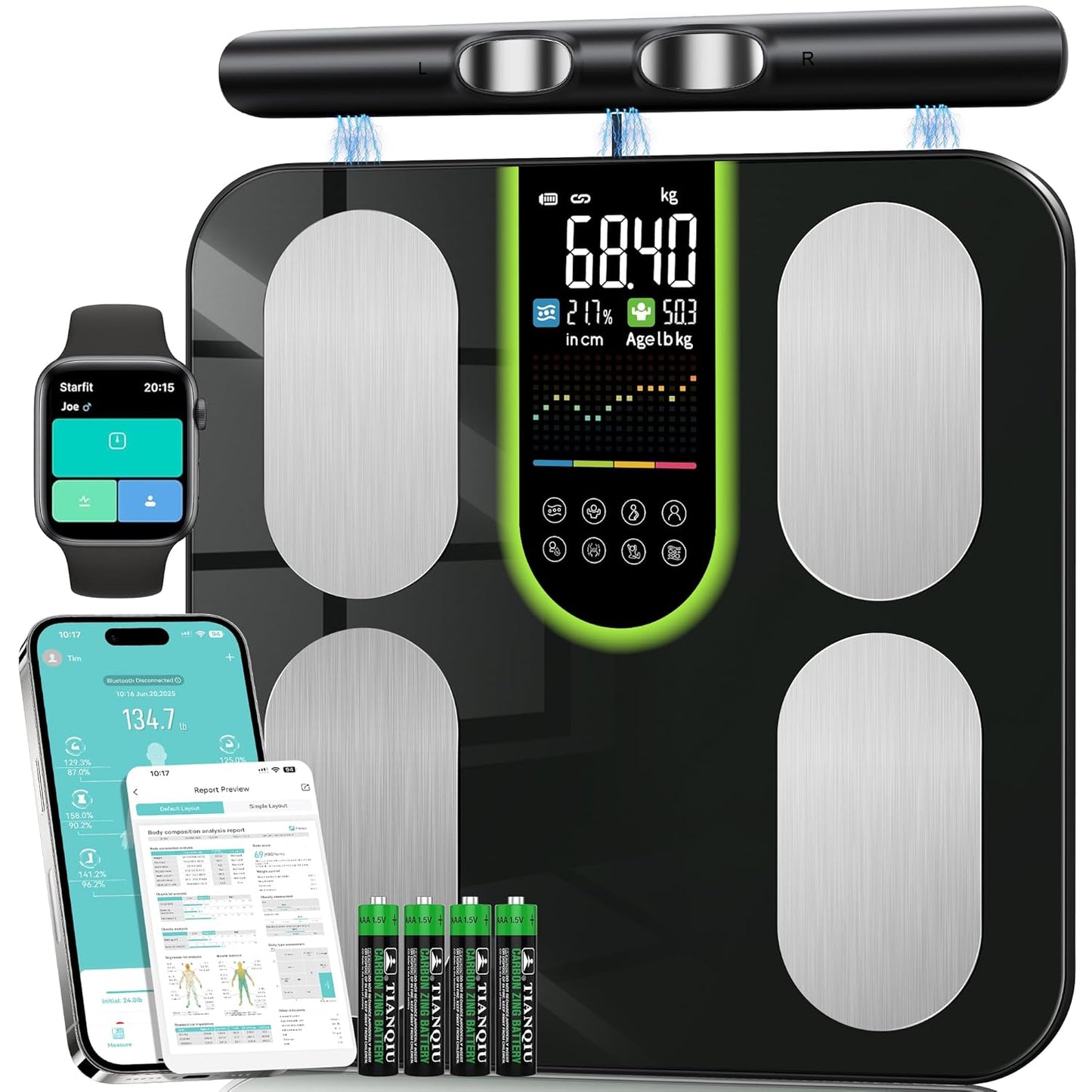 Digitale Körperfettwaage mit 8-Elektroden & App Integration, Schwarz