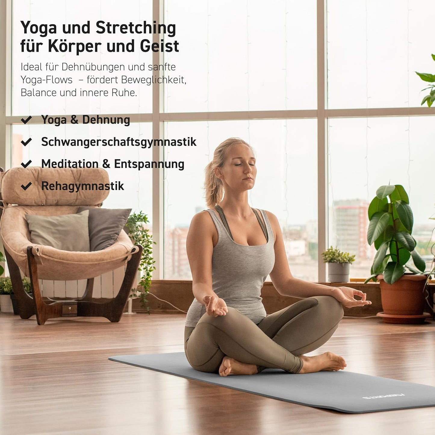 Gymnastik- und Yogamatte mit Tragegurt & App, Grau-Anthrazit ; 190 x 60 x 1,5 cm