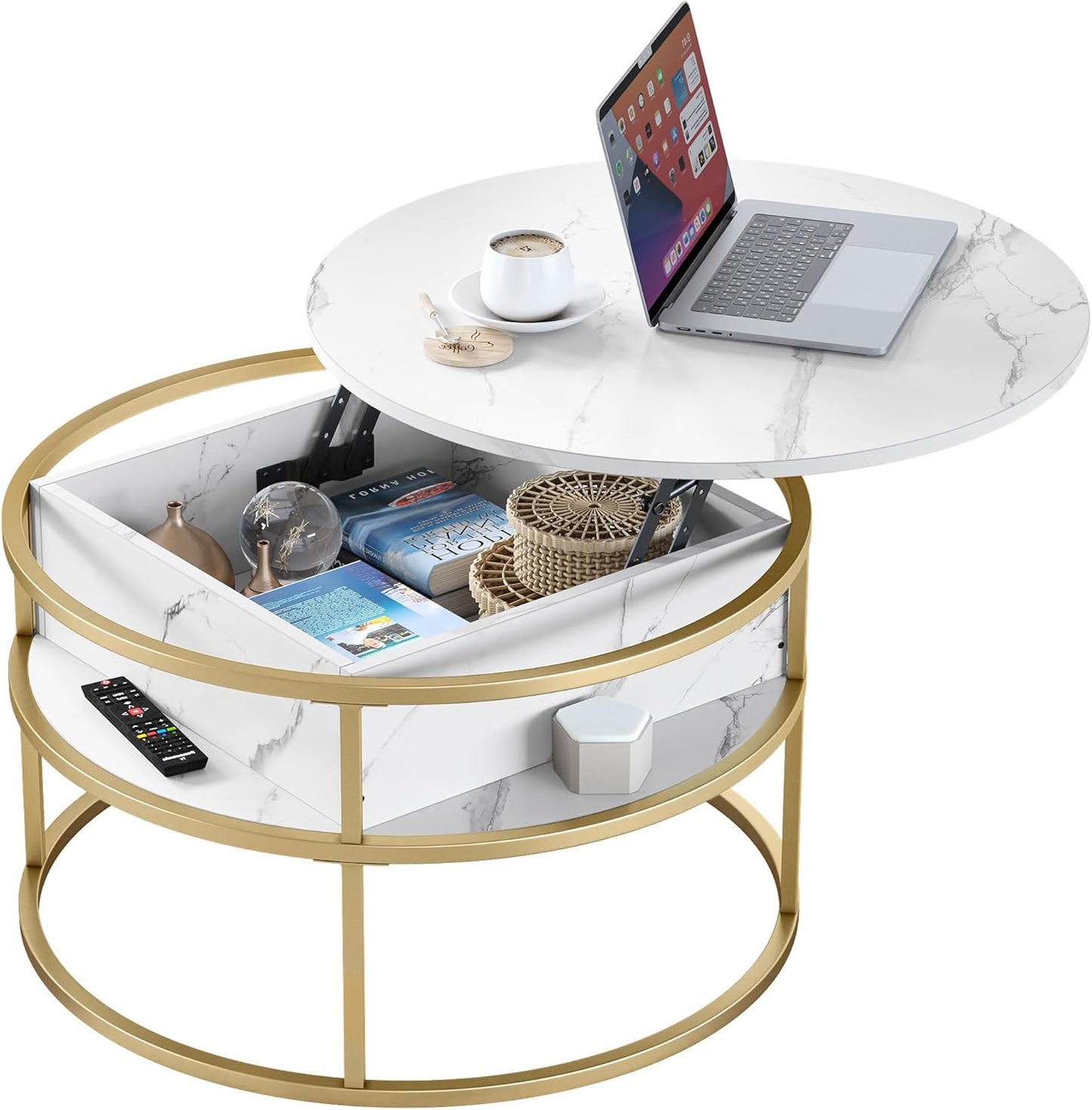 Runder Couchtisch mit Stauraum, Weiss&gold 80x80x47cm
