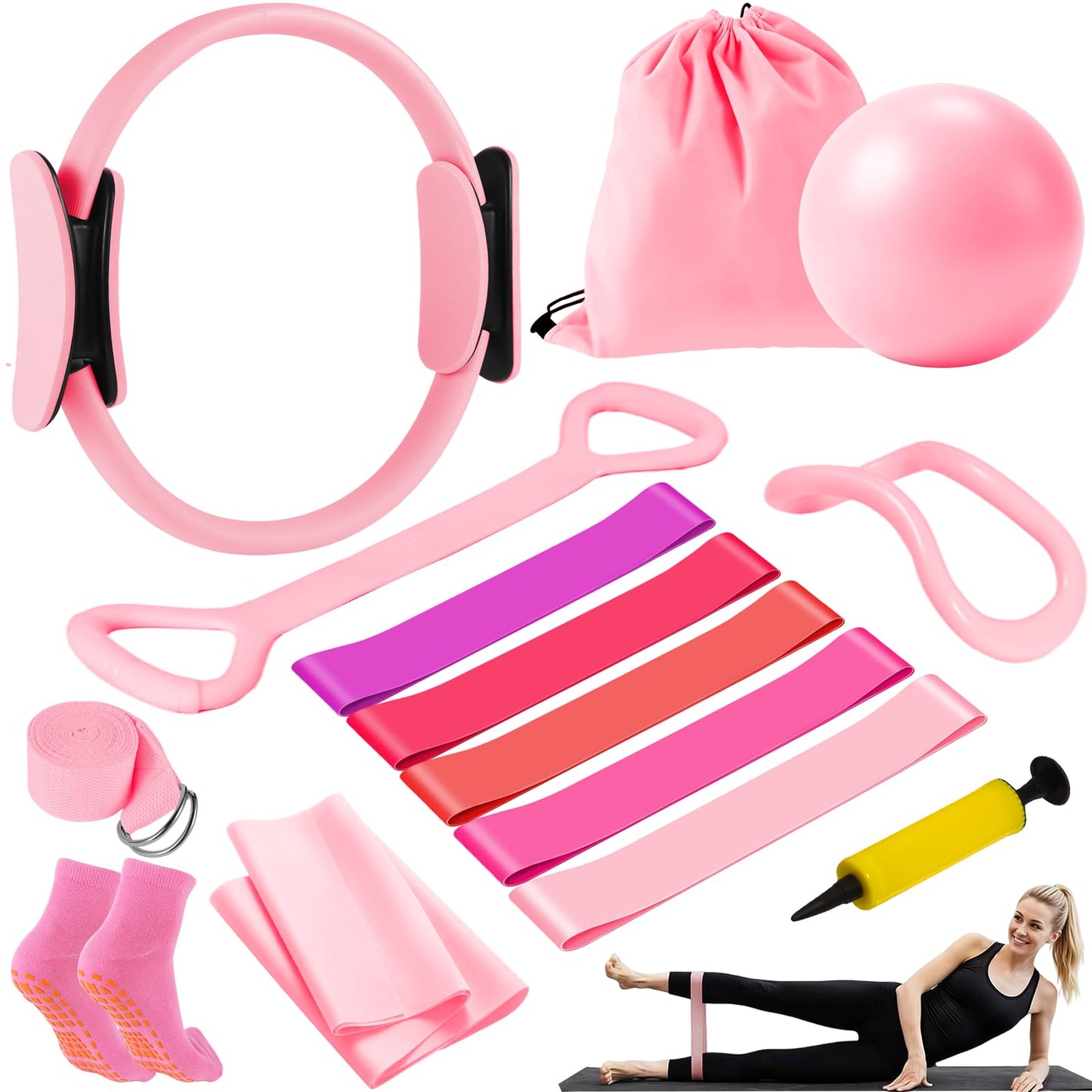 Pilates Set mit Ring, Ball und Fitnessbändern, Pink