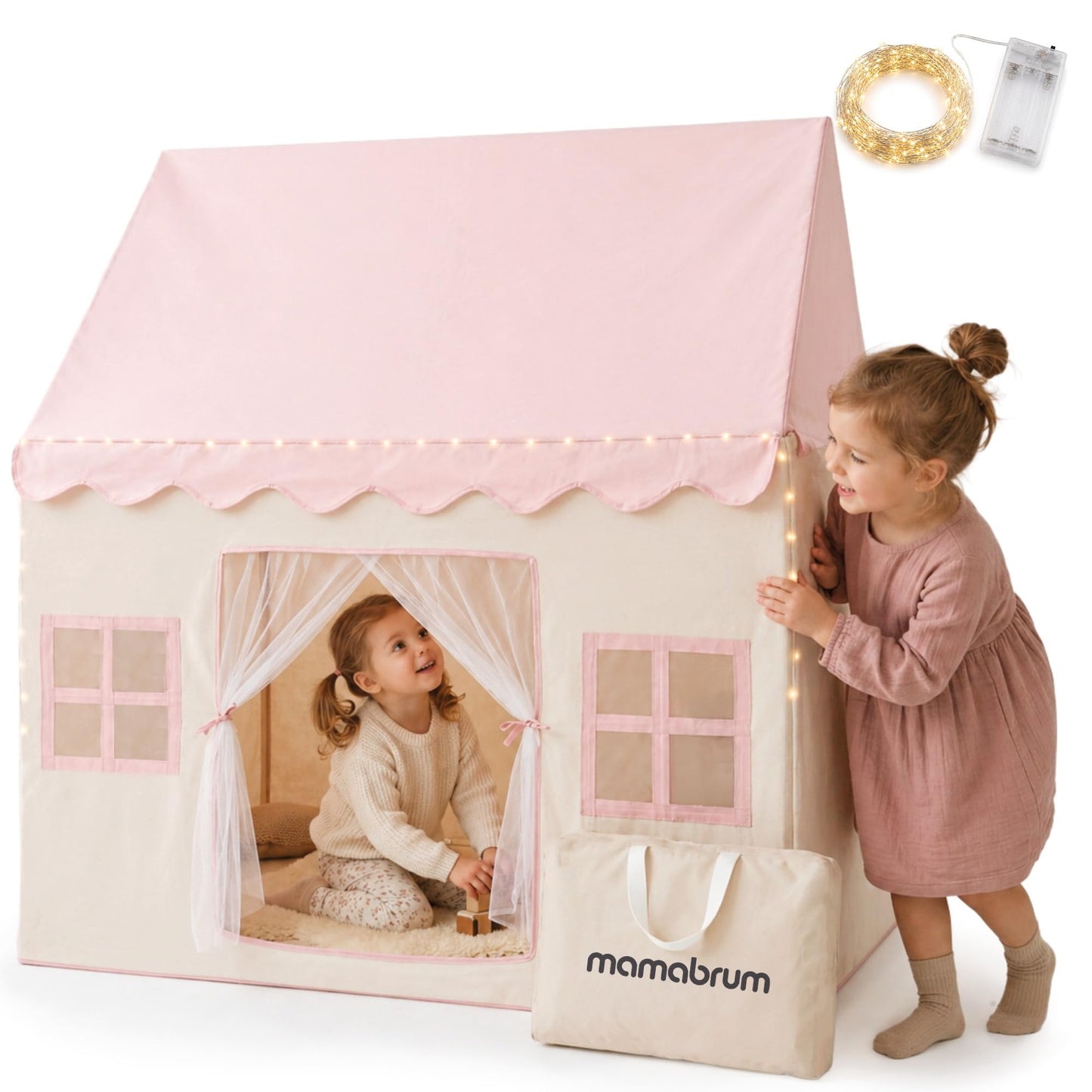 Spielzelt MAM251 Tipi House mit LED-Beleuchtung und Fenstern, Pink, Beige/Pink, Beige Abenteuer 95 × 125 × 130 cm
