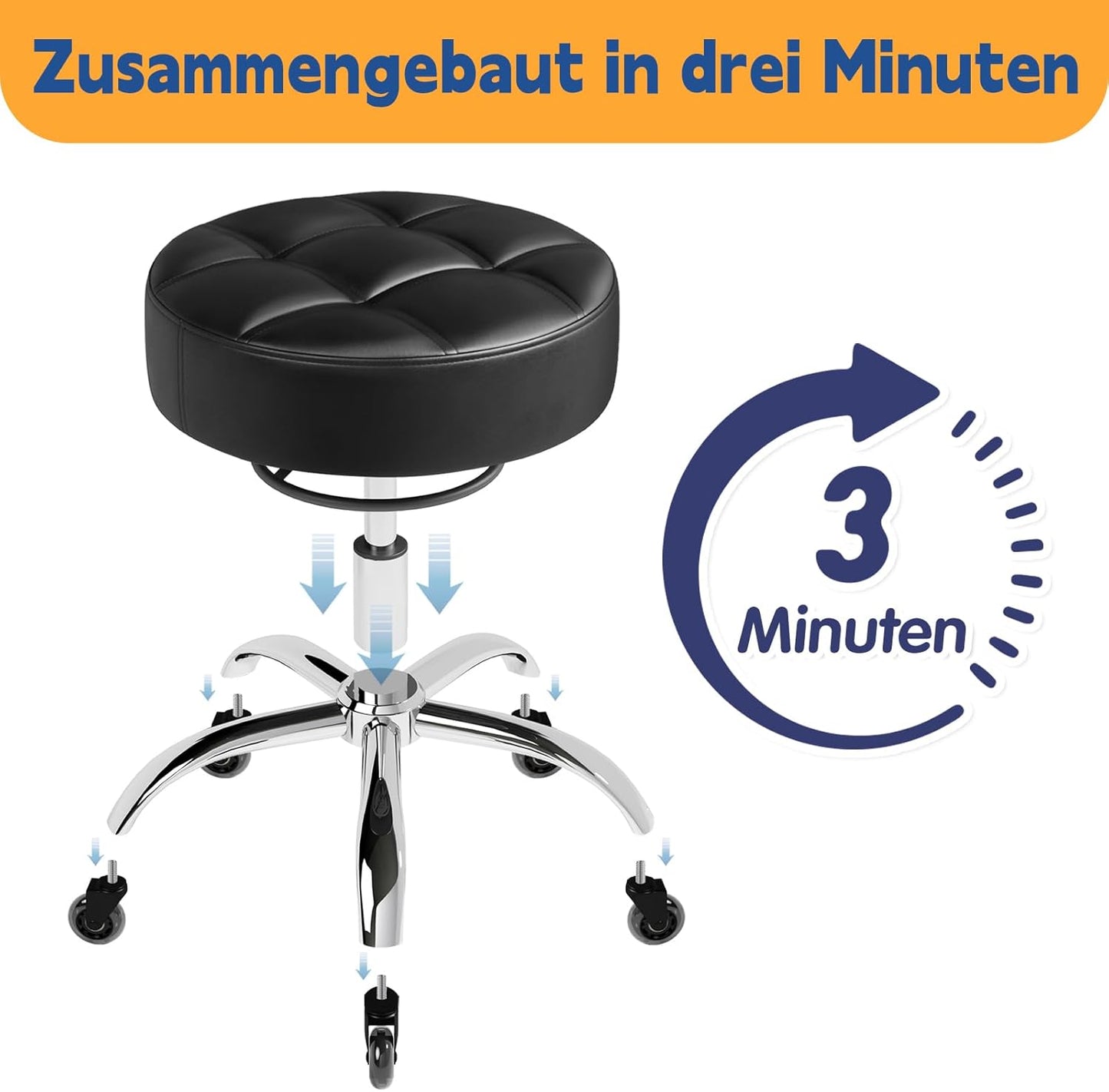 Höhenverstellbarer Rollhocker mit 360° Rollen, Schwarz