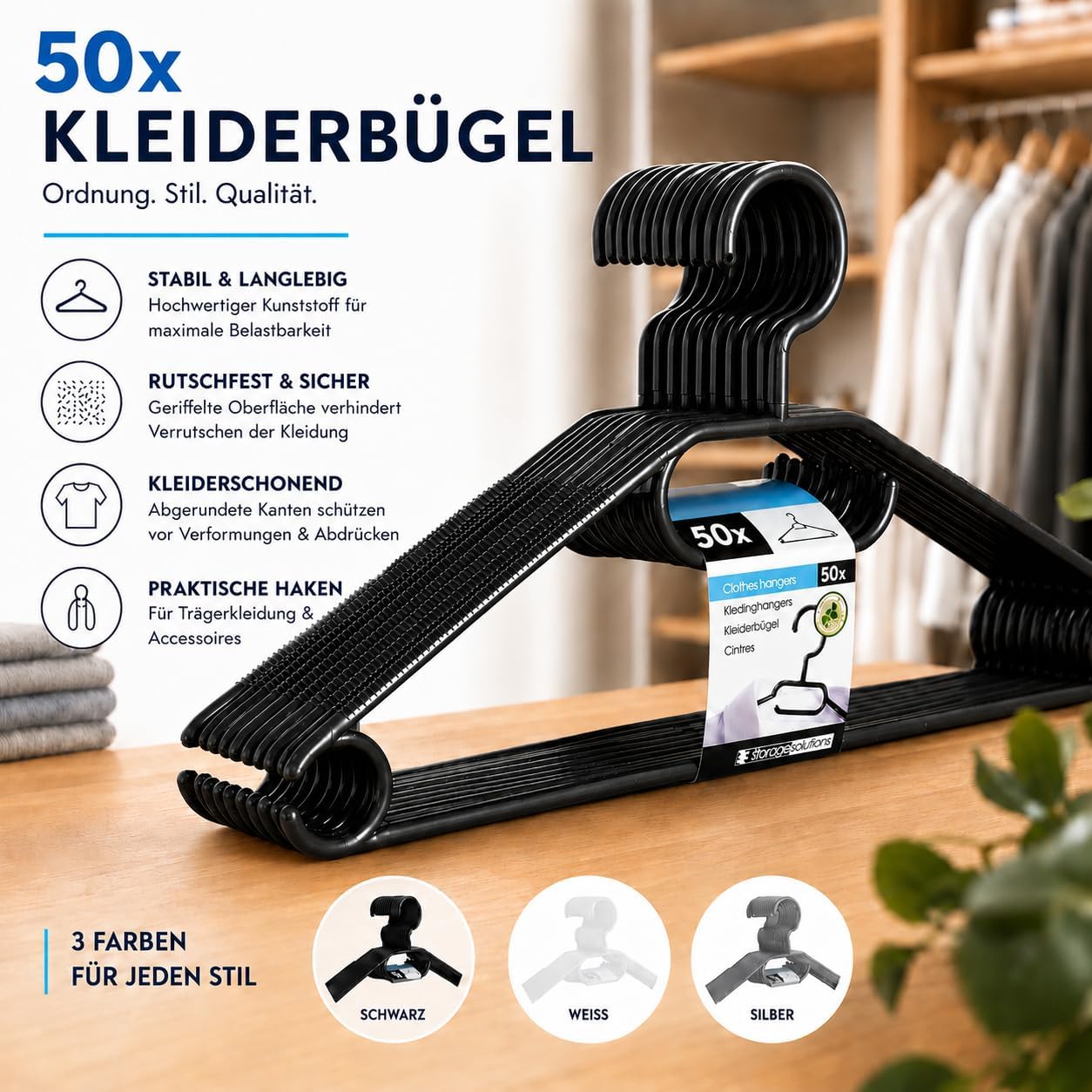 Recycelte Kleiderbügel mit drehbarem Haken (50 Stück), 50x Schwarz & Hlkauf-block