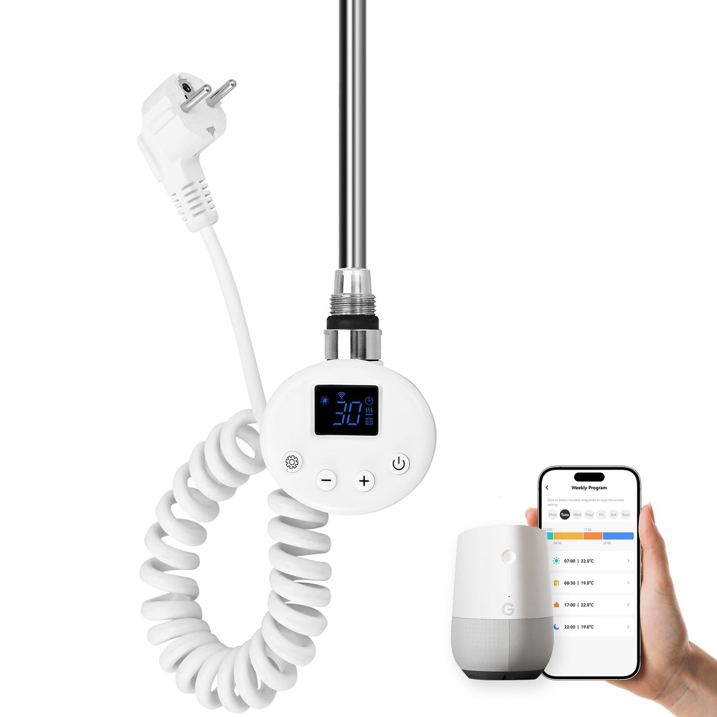 Heizstab mit Thermostat für Badheizkörper, 900 W Weiss - Wifi Model