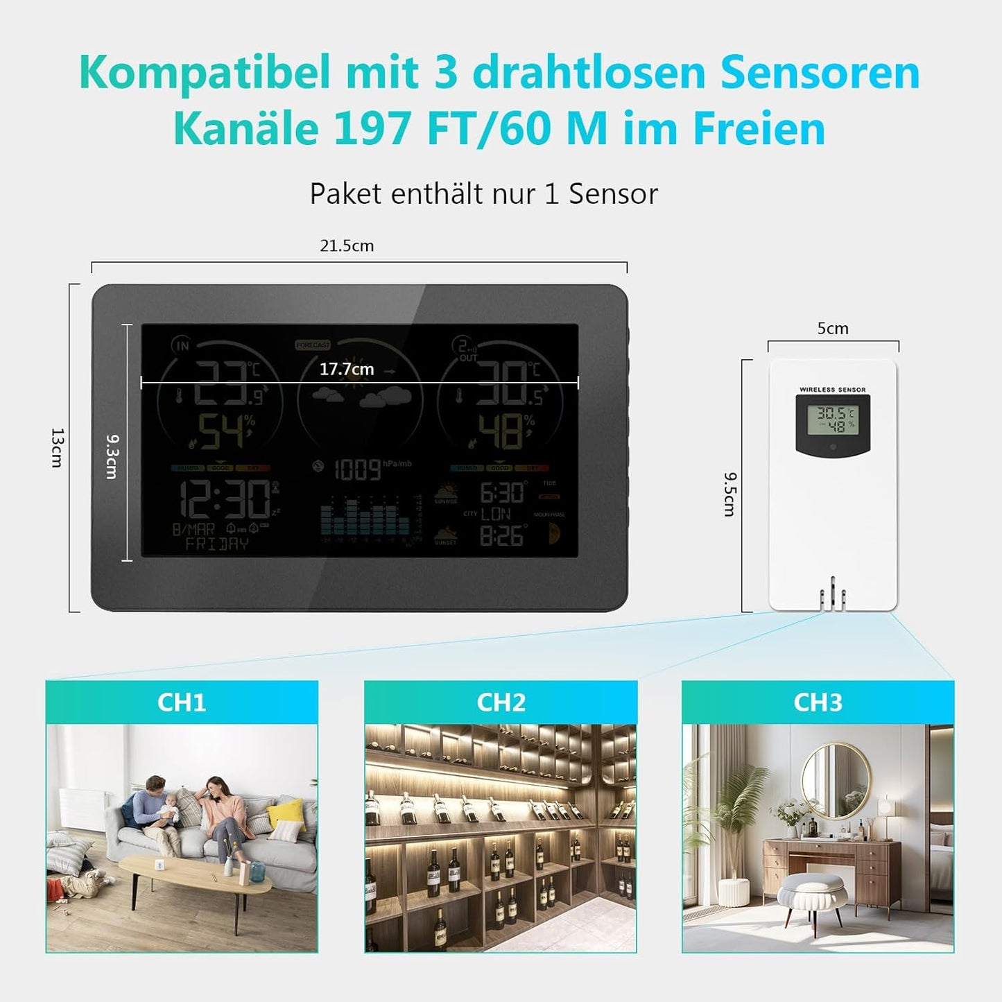 Funk-Wetterstation mit Aussensensor und Farbdisplay