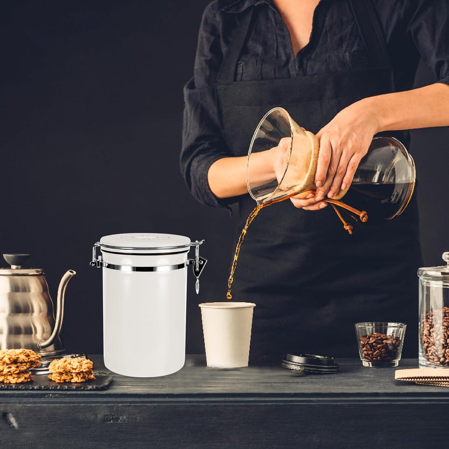 Vakuum Edelstahl-Kaffeedose mit Löffel (1,8 L), Weiss