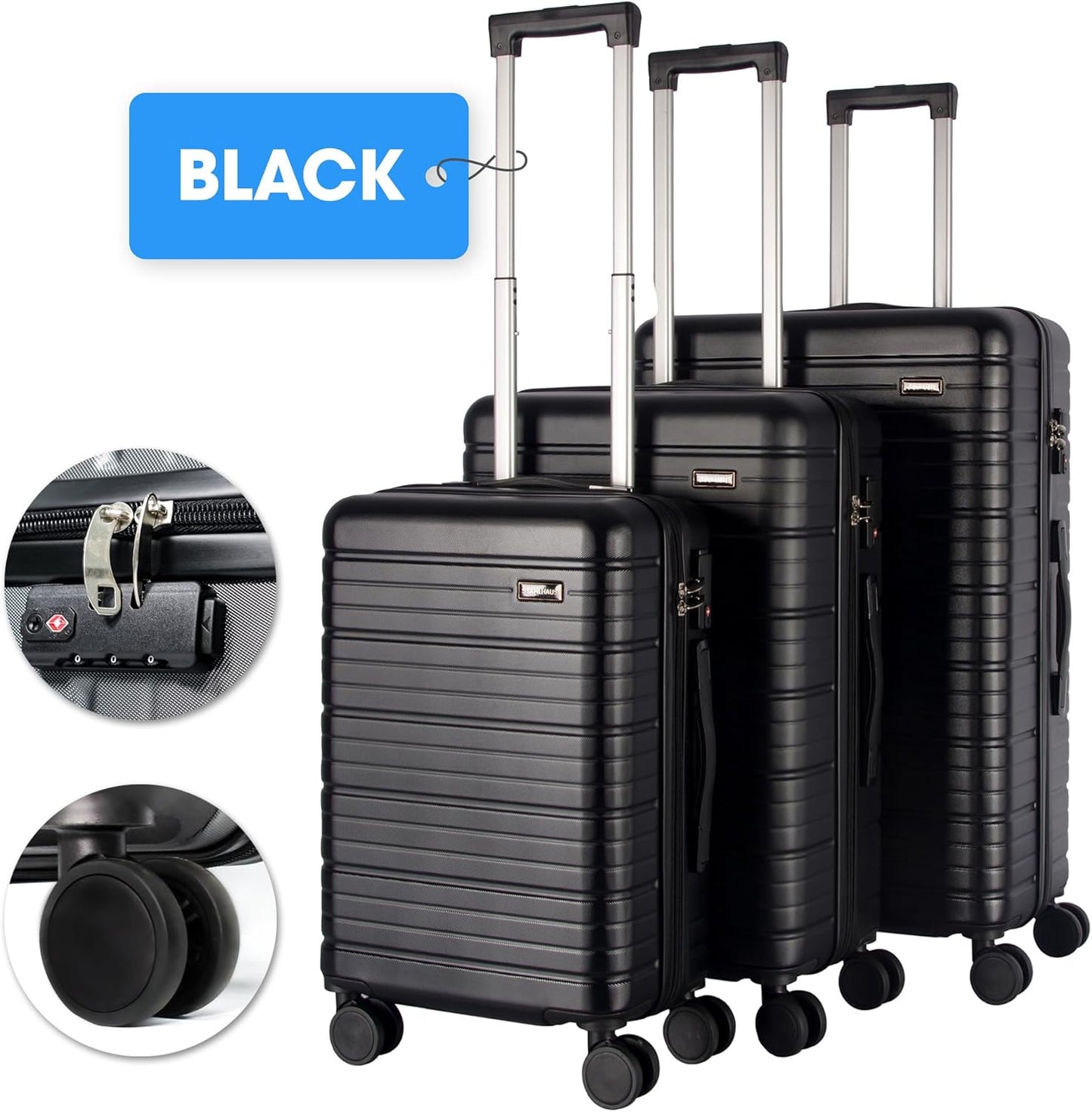 3-teiliges Hartschalenkoffer-Set, 3er Set (M+l+xl) - Schwarz - ''Luxe''