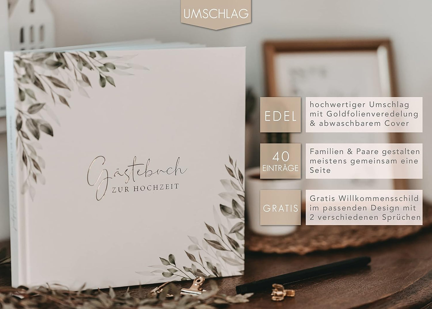 Hochzeit-Gästebuch mit Fragen zum Ausfüllen, mit Fragen Eukalyptus/Goldveredelung