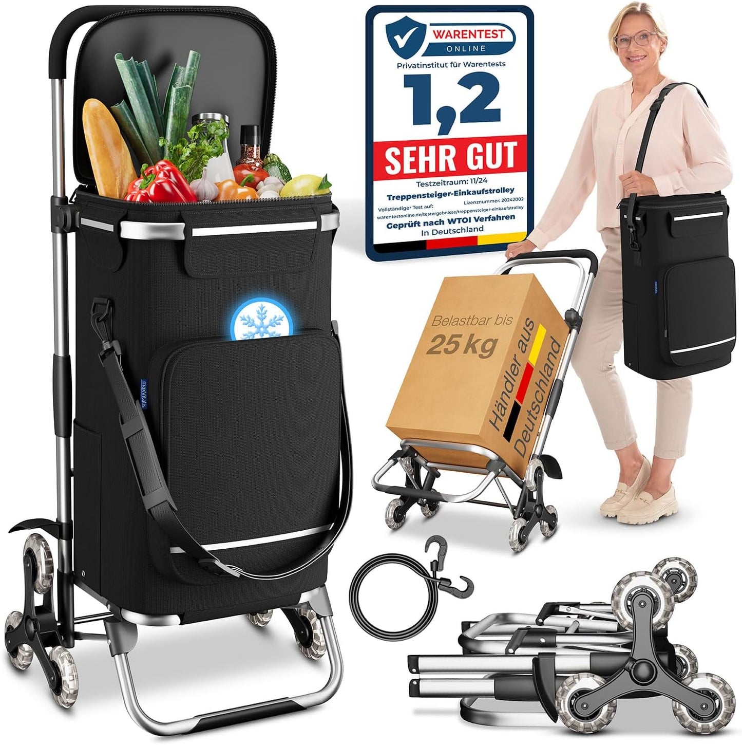 Einkaufstrolley Treppensteiger mit Kühlfach, Treppensteiger-Trolley Schwarz