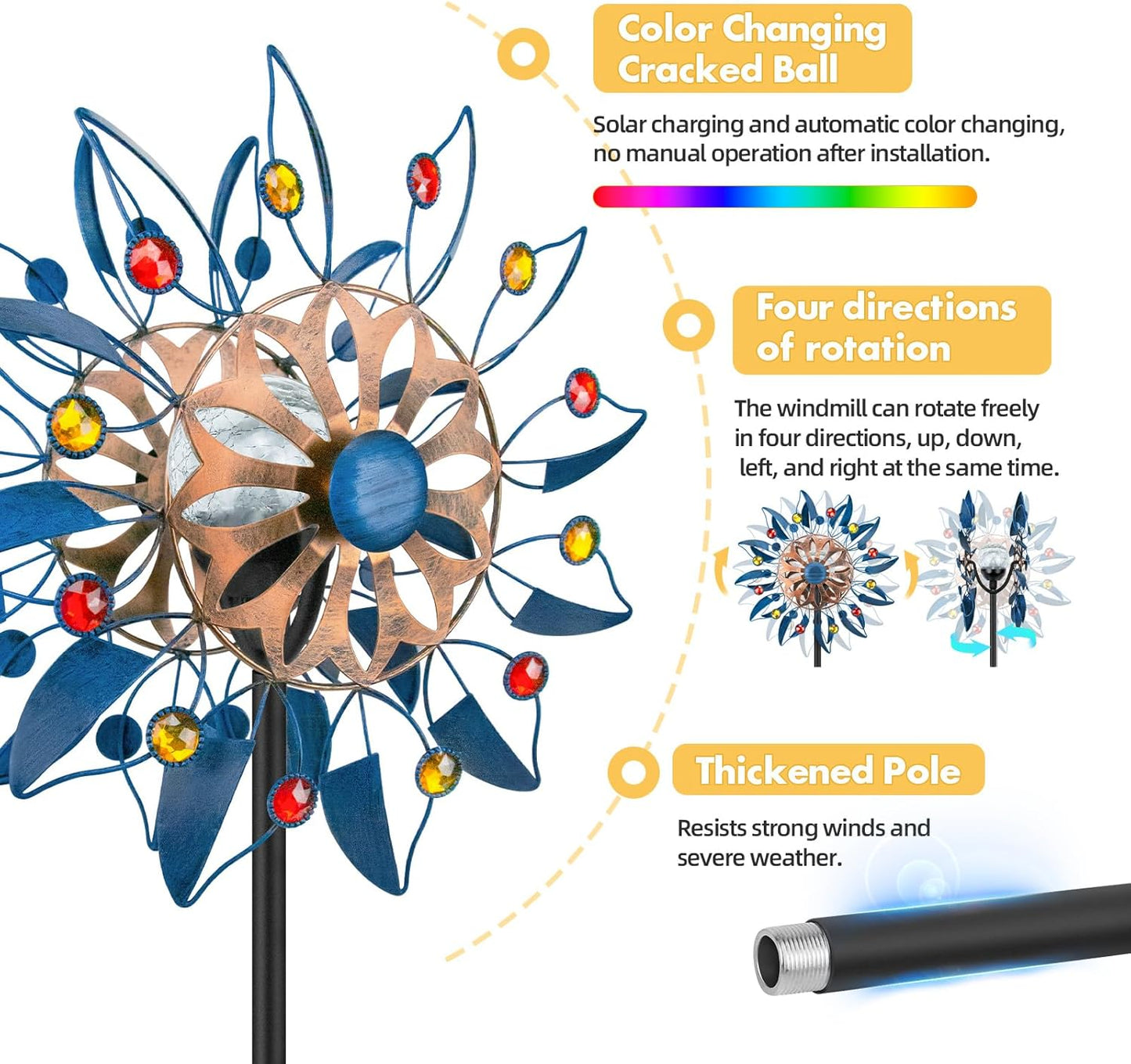 Solar-Windspinner-Skulptur für Garten & Terrasse, Höhe 12 Zoll, Durchmesser der Blüte 8 Zoll