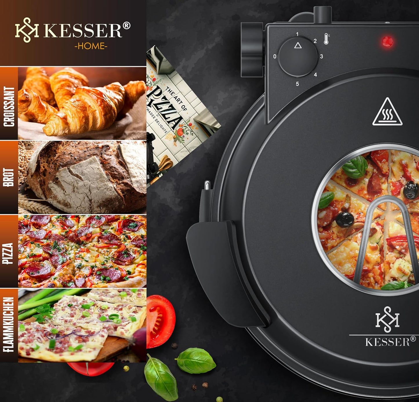Pizza-Ofen mit feuerfester Steinplatte & Timer, Schwarz
