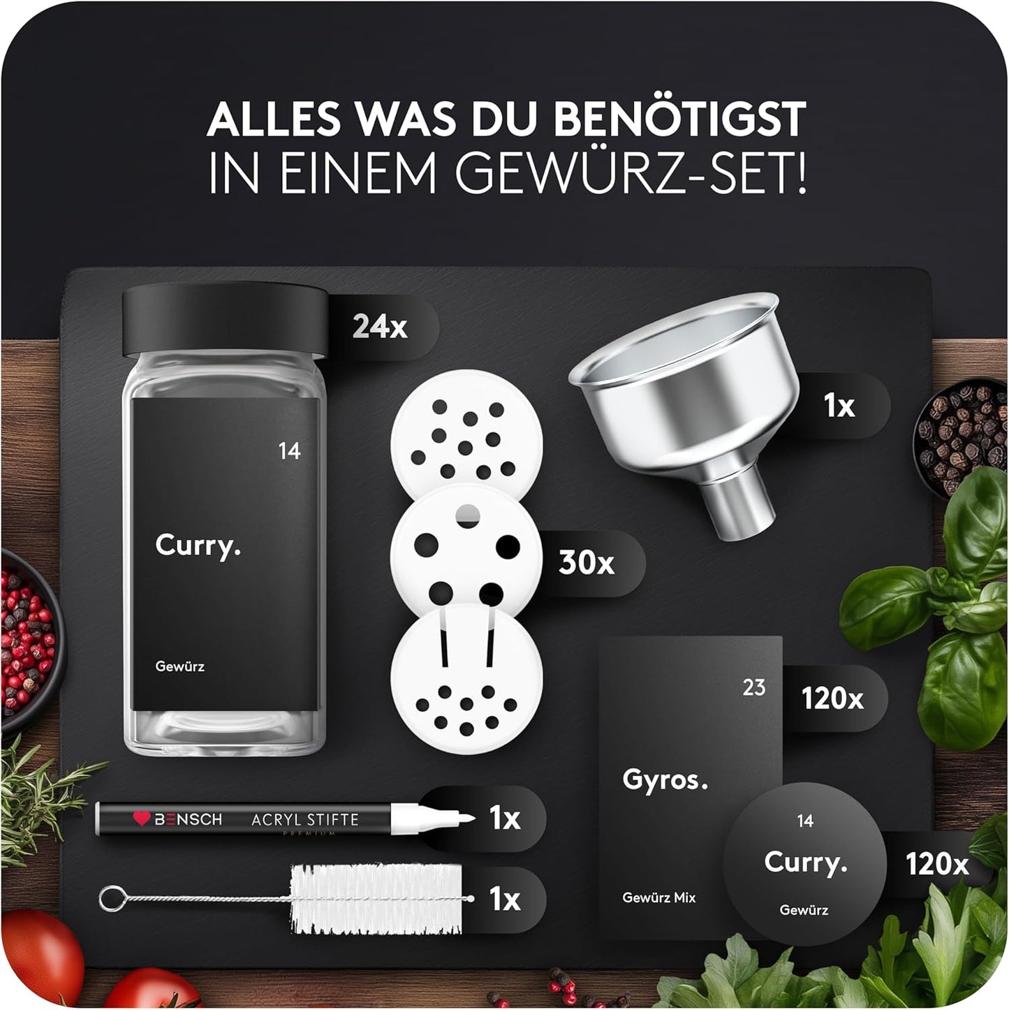 24-teiliges Gewürzgläser-Set mit Etiketten und Streueinsätzen