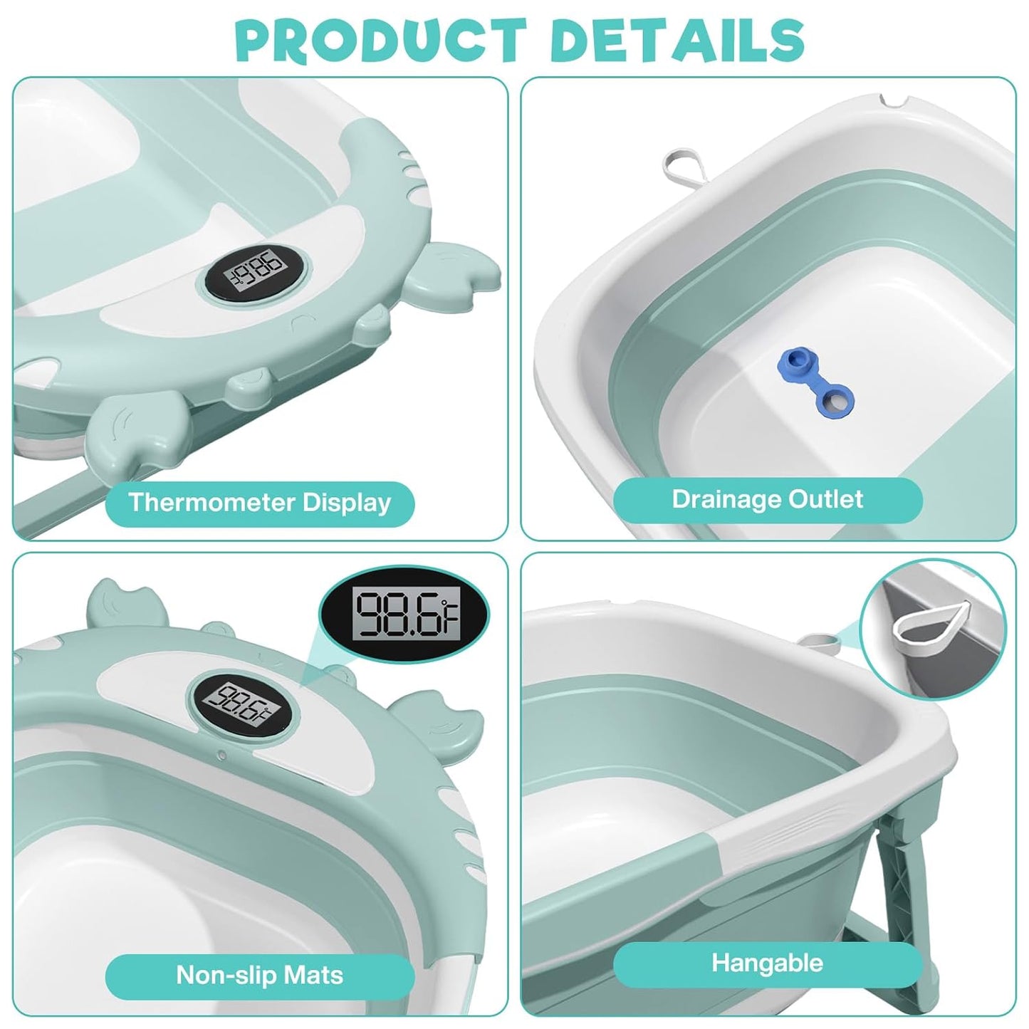 Faltbare Babybadewanne mit Thermometer und Badematte, Green