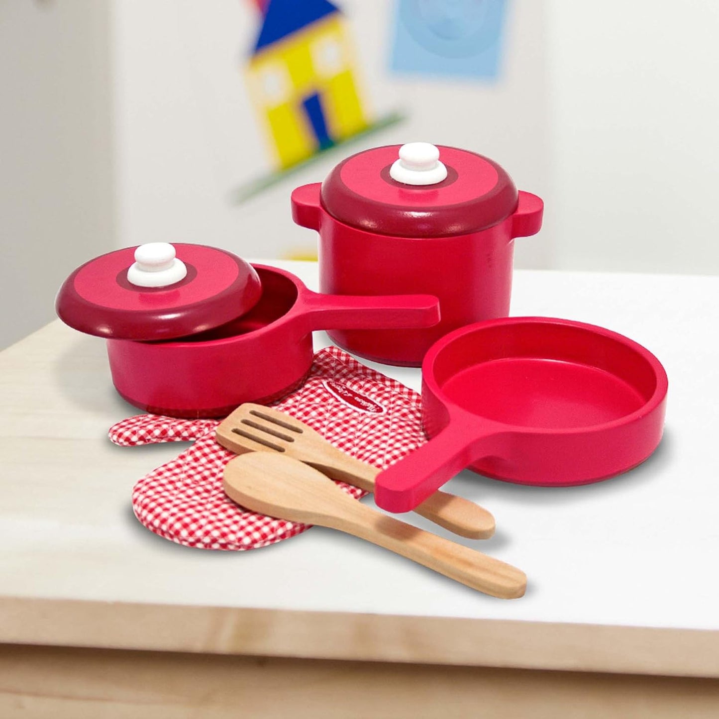 8-teiliges Koch-Set mit Topf, Pfanne, Pfannenwender und Ofenhandschuh, Wooden Kitchen Accessory