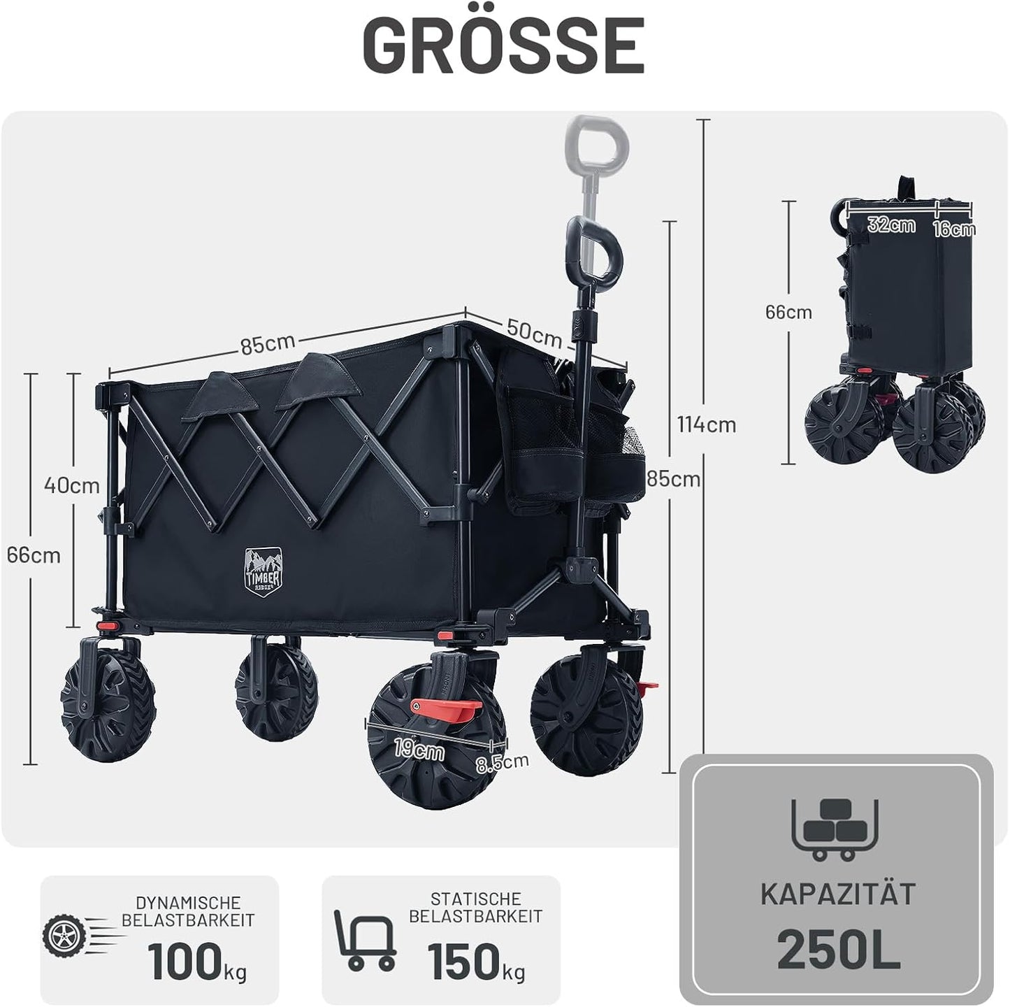 Faltbarer XXL-Bollerwagen mit Bremsen, Schwarz