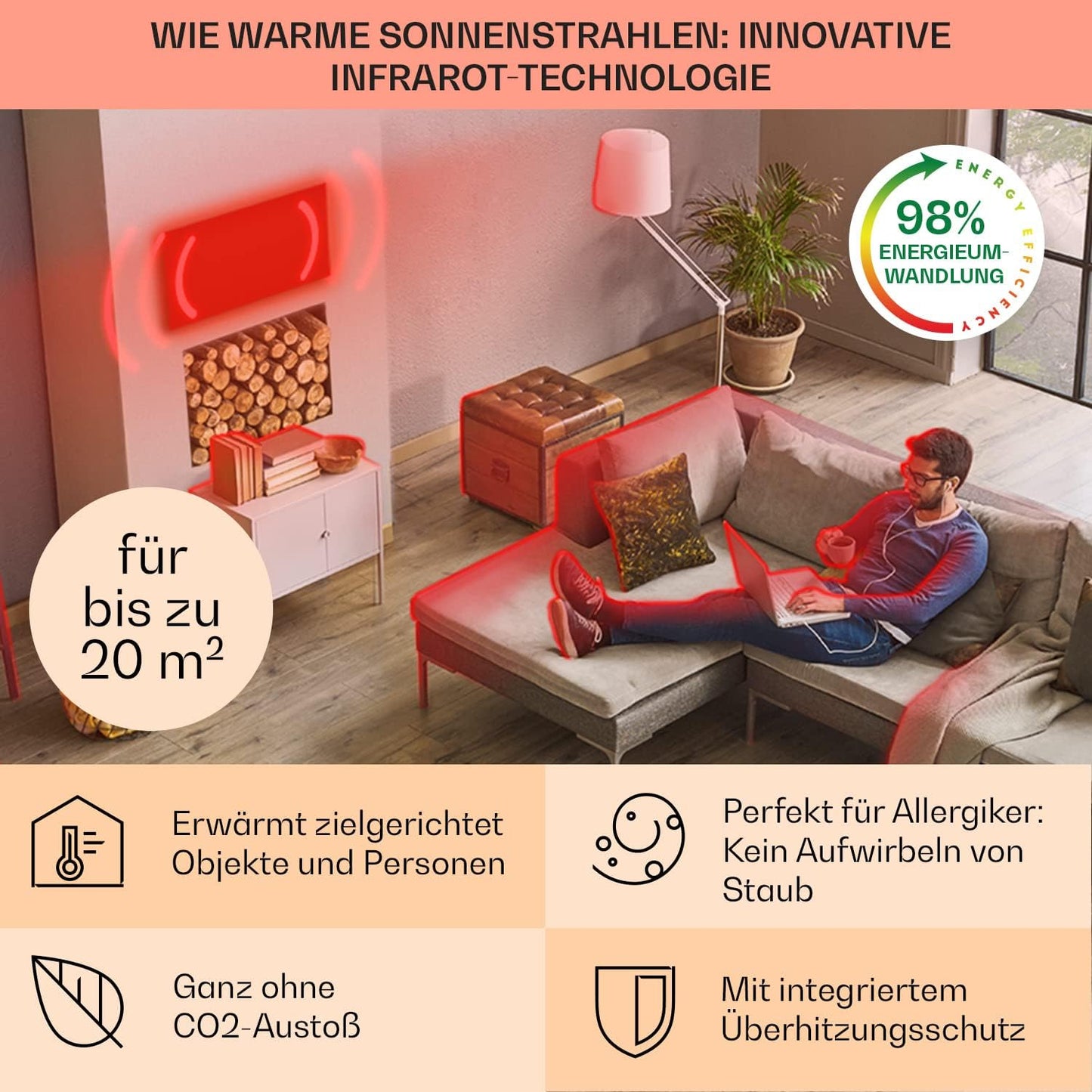 Infrarot Spiegelheizung mit App-Steuerung, Schwarz Rechteckig Gross - Smart / 1000 Watt