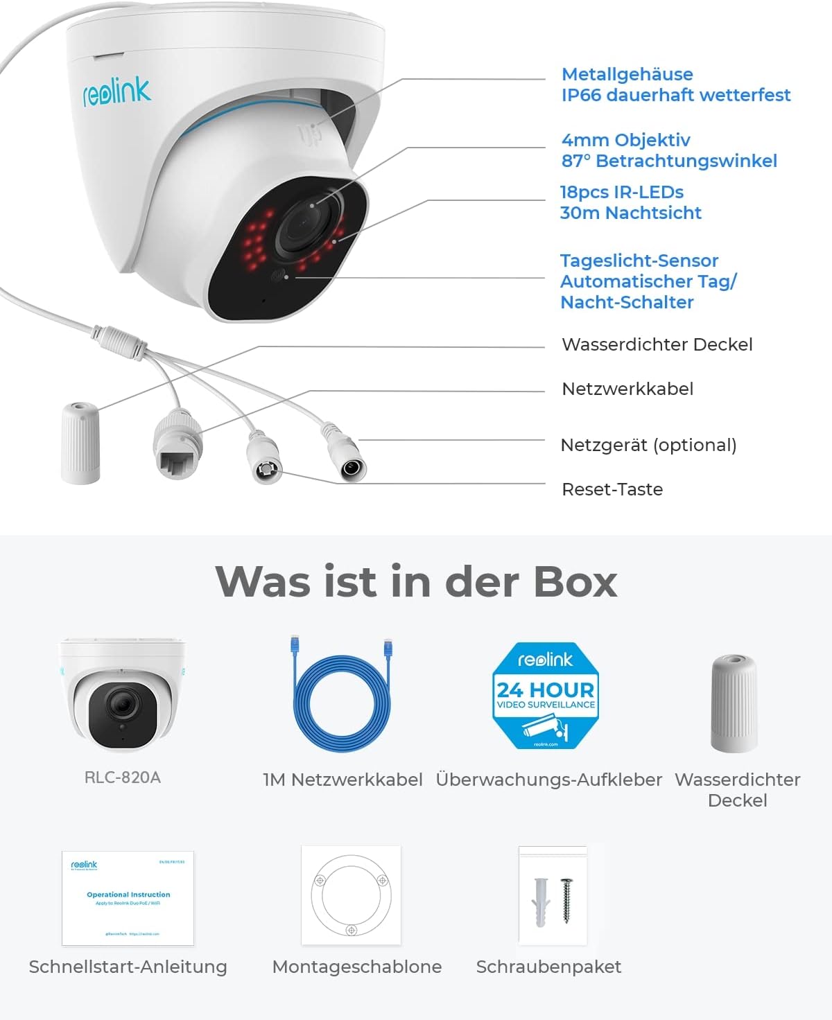4K Smarte IP Kamera mit Personen-/Autoerkennung, Weiss