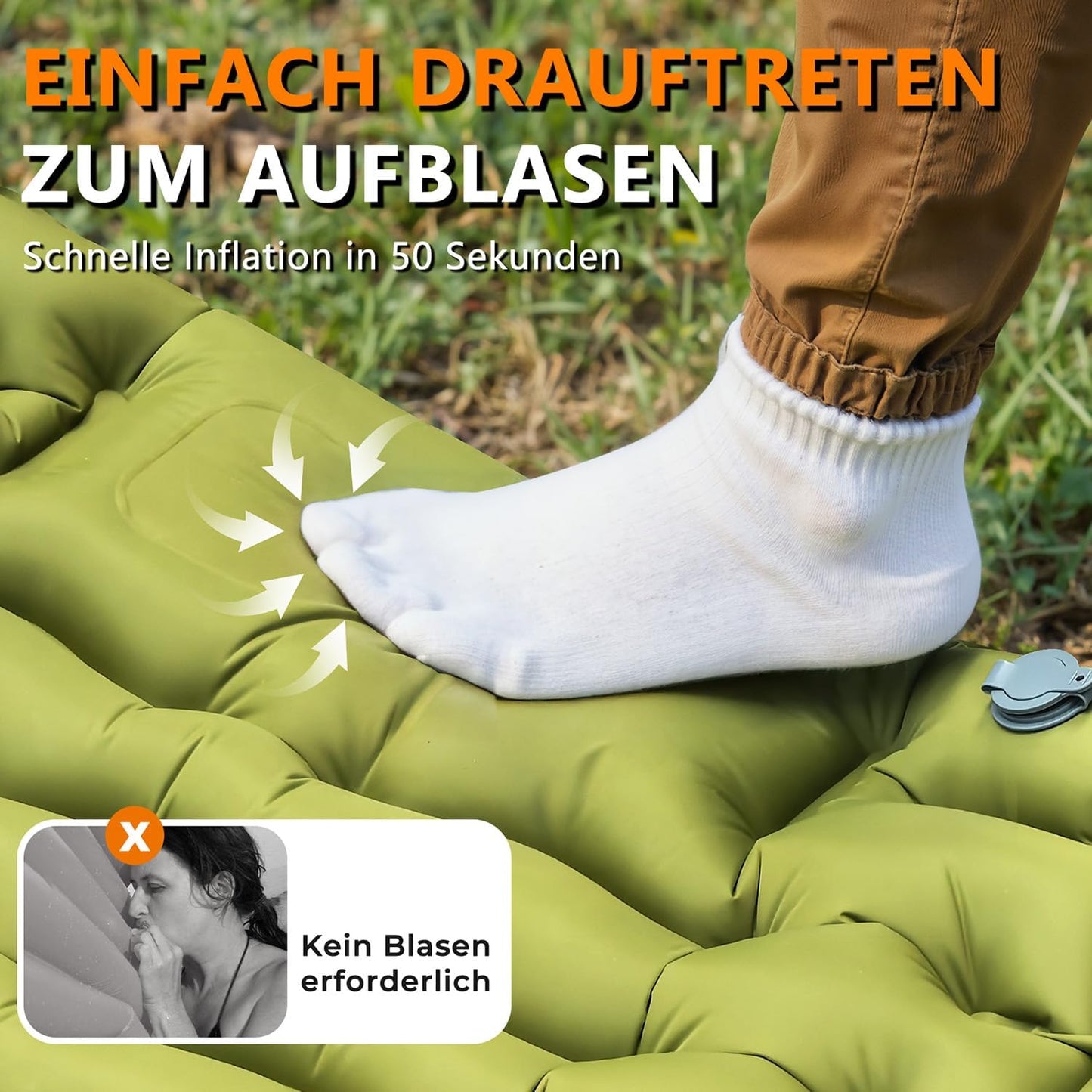 Selbstaufblasende Isomatte mit Fusspumpe für Camping, Grün
