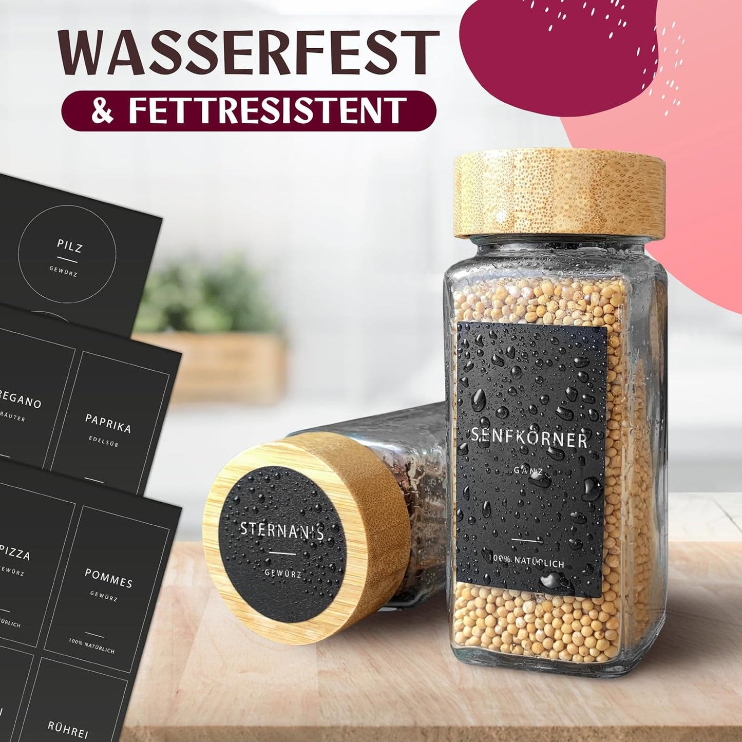 Gewürzgläser Set, Bambus - 24 - schwarze Etiketten