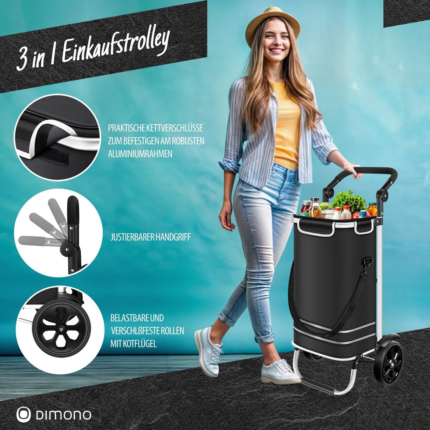 Klappbarer Einkaufstrolley mit Kühlfach, Schwarz