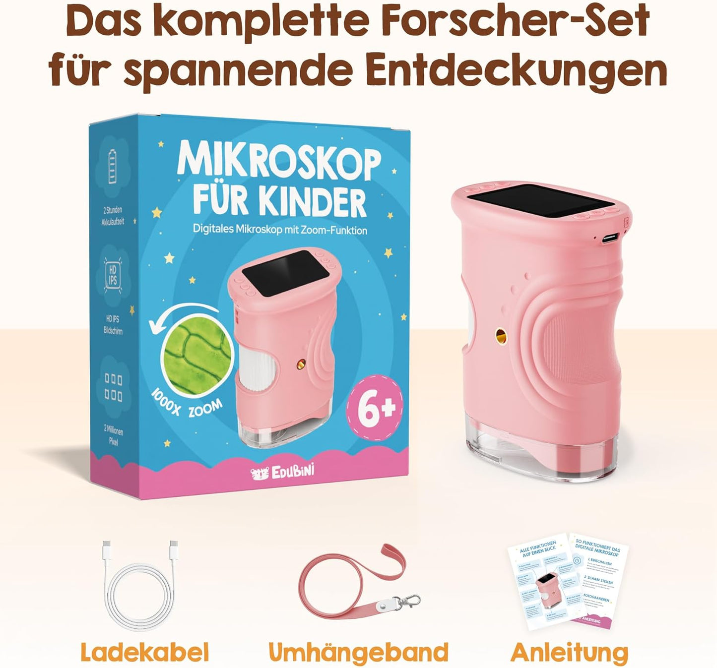 Digitales Kindermikroskop mit Fotofunktion, Pink
