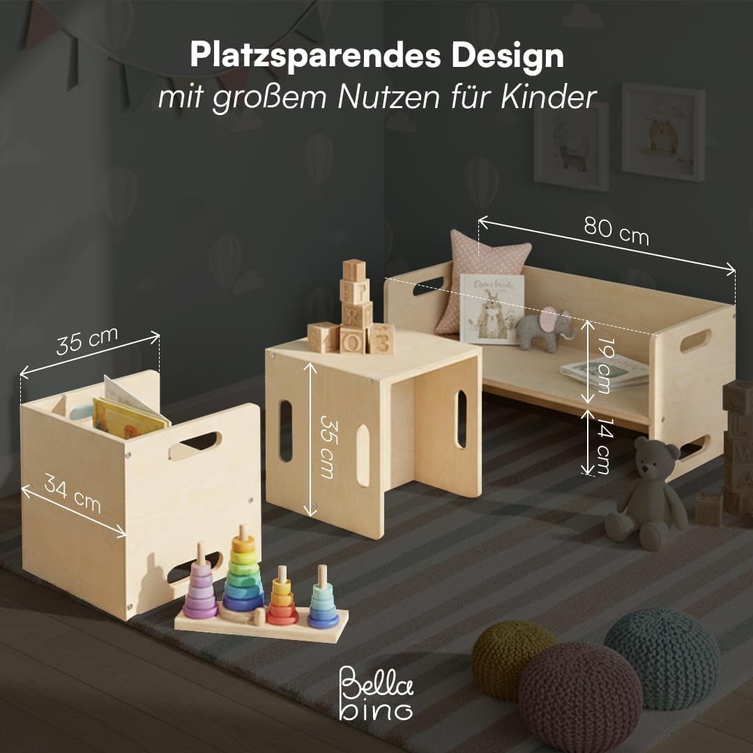 Kindersitzgarnitur 3-teiliges Möbel-Set aus Holz, 2x Stuhl, 1x Bank Natur