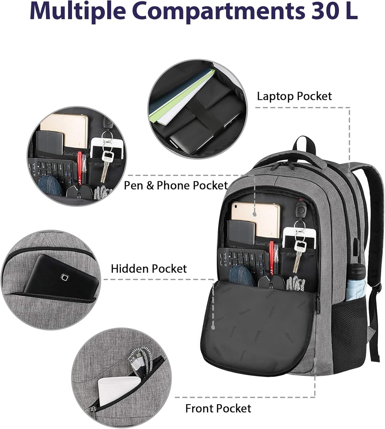 Laptop-Rucksack mit USB & Anti-Diebstahl-Funktion, 17.3 zoll Grau