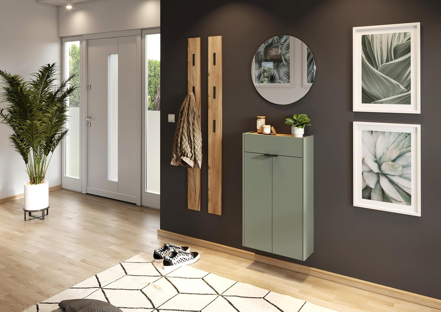 Hängender Schuhschrank, Schuhschrank Schmal Taupegrün/Eiche