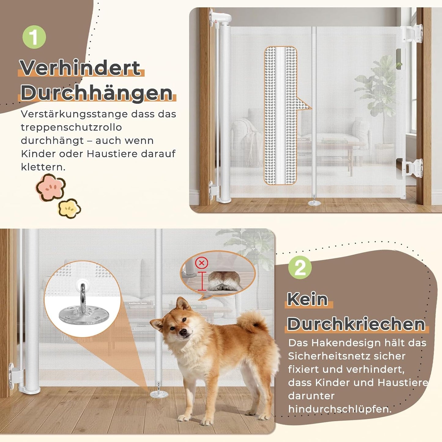 Ausziehbares Türschutzgitter mit Stützstangen, ohne Bohren, 150 cm - Ohne Bohren