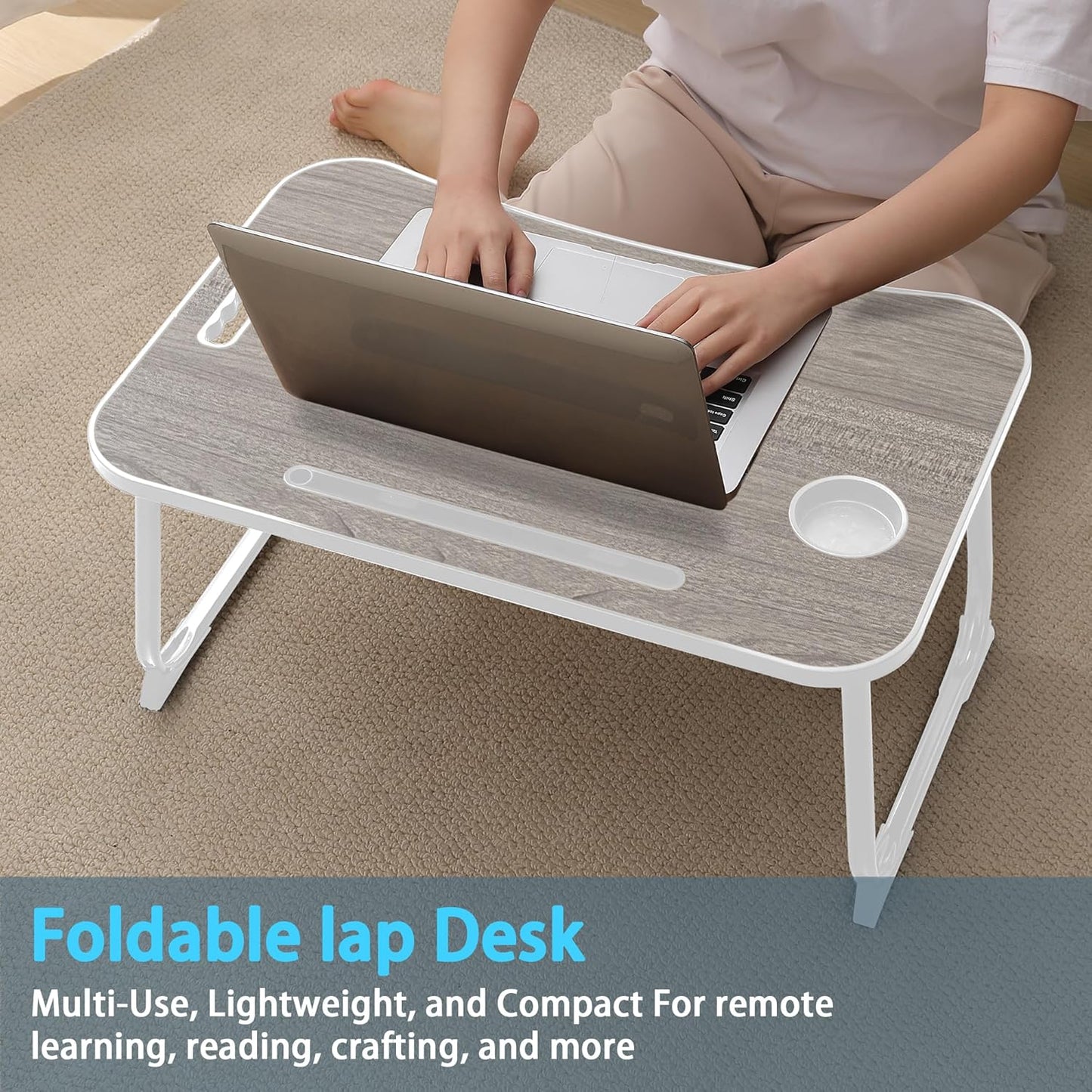 Klapptisch mit Tablethalterung, Griffmulde und Getränkehalter, Grau