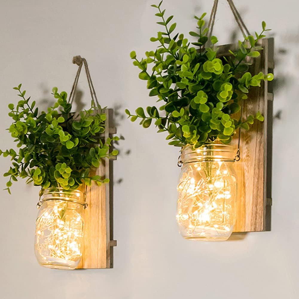 Mason Jar Lichter-Set mit Pflanzen (2 Stück), Grüne Pflanzen