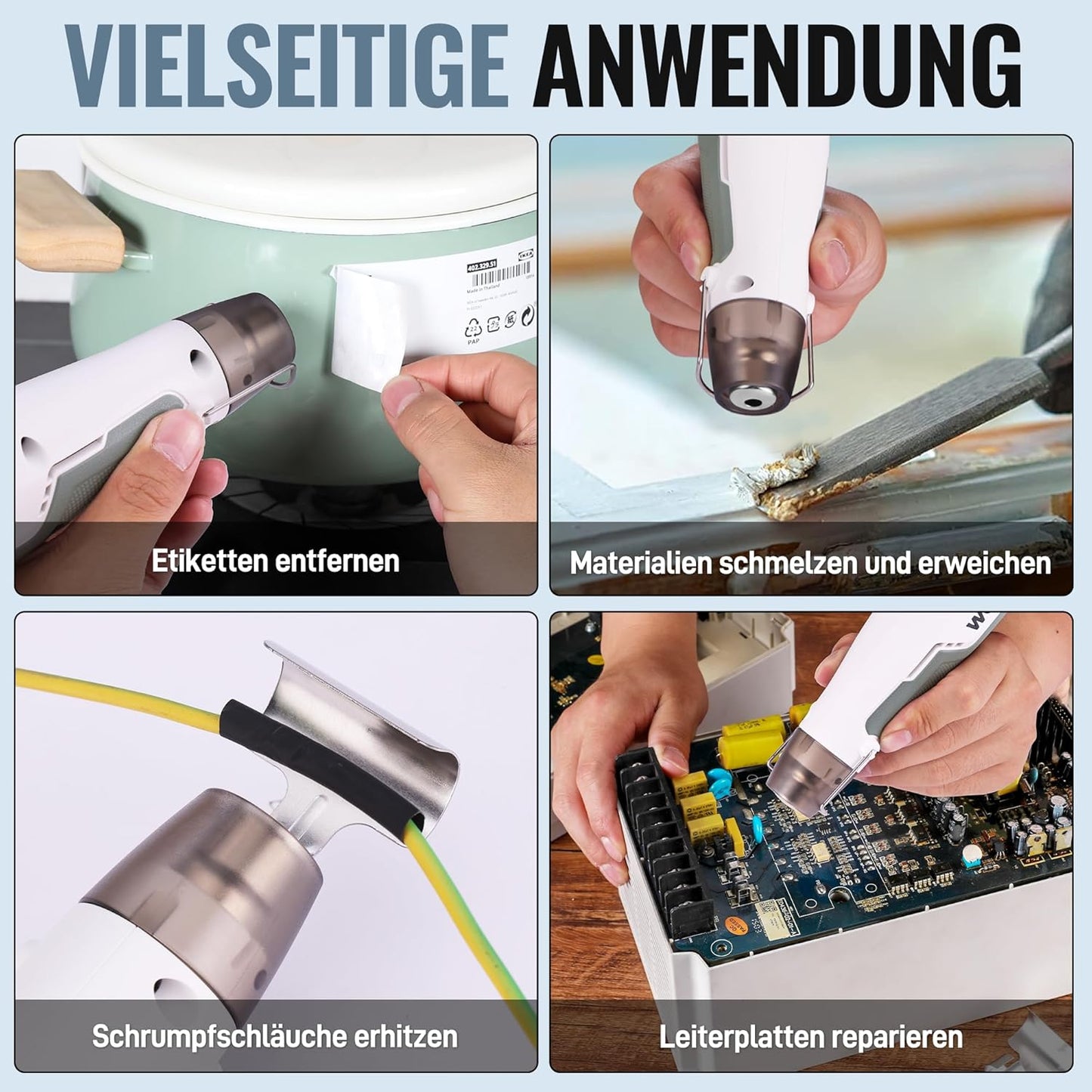 Mini Heissluftpistole mit Akku und Schrumpfschläuchen, Weiß & Grau