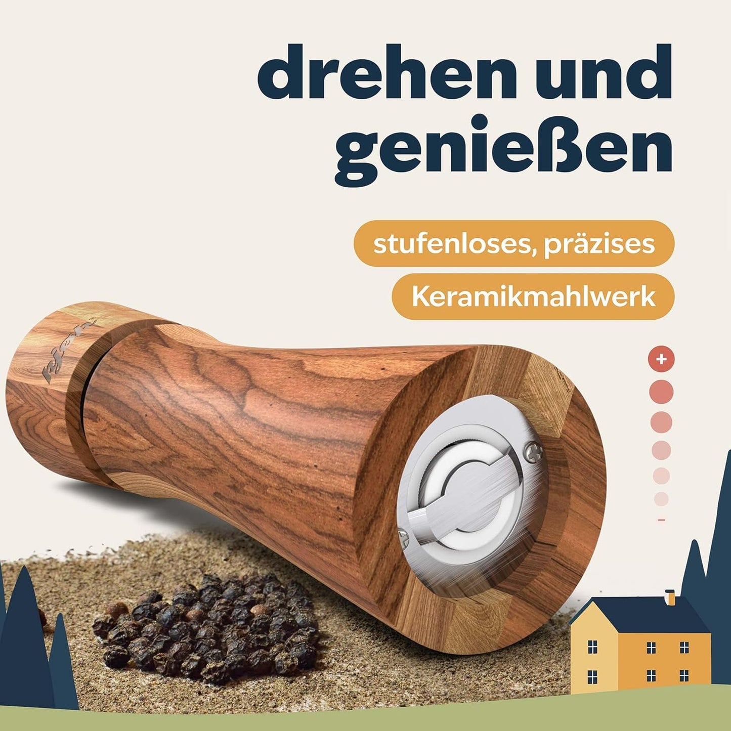 Salz- und Pfeffermühle mit Reinigungsbürste und Einfülllöffel, Kjøk Salz- & Pfeffmühle Akazienholz