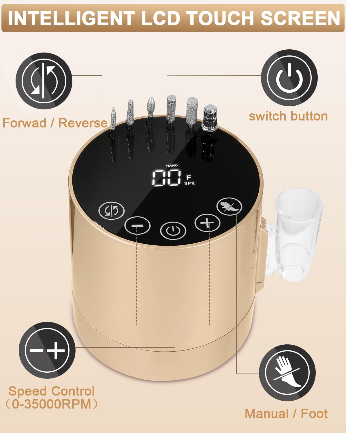 Professioneller Nagelfräser mit LCD-Display, Goldene