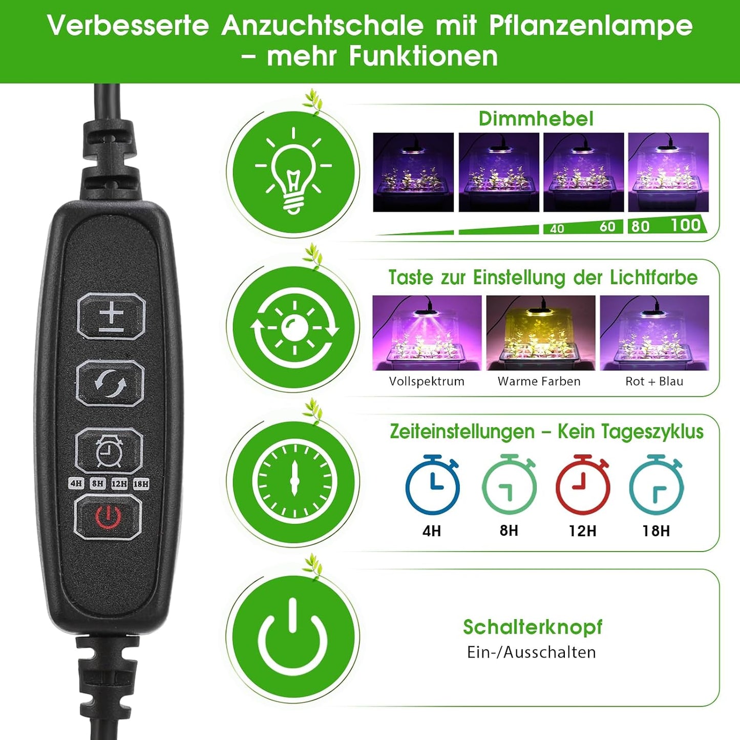6 x Anzuchtschalen mit LED-Wachstumslicht und Timer, Grün-6pcs