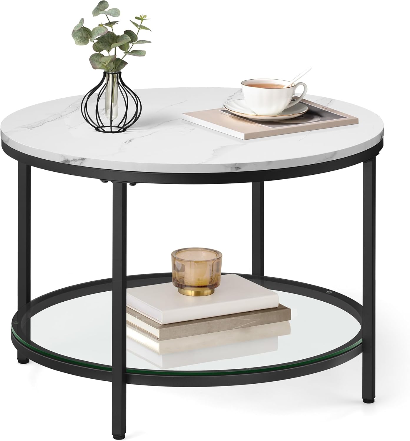 Moderner Couchtisch mit Glasplatte und Stauraum, 65d cm Marmorweiss + Tintenschwarz