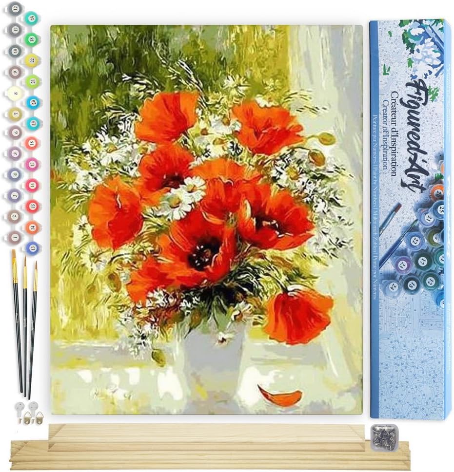 Malen nach Zahlen Set - Rote Blumen und Gänseblümchen, Rote Blumen und Gänseblümchen 40x50cm Mit Keilrahmen (nicht gespannt)