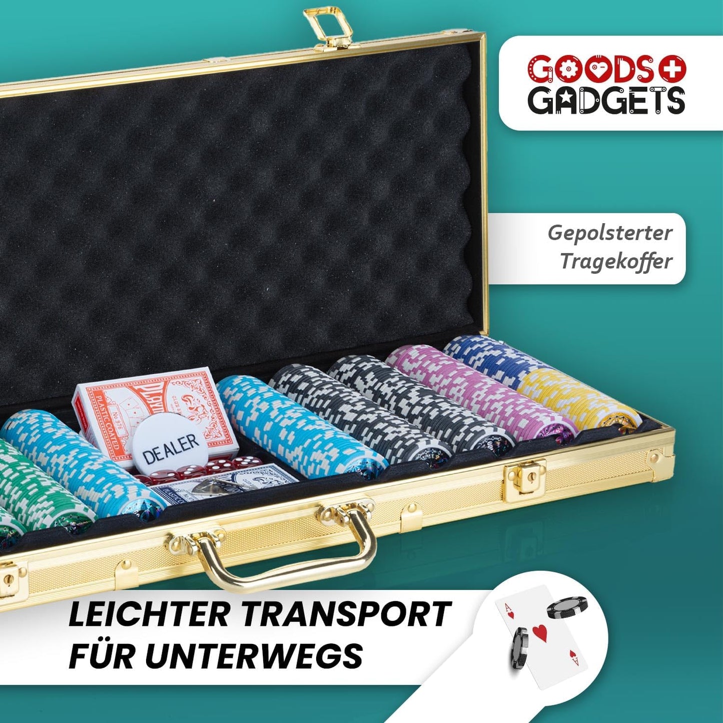 Profi Pokerkoffer Set mit 500 Chips und Zubehör, Gold 500 Chips