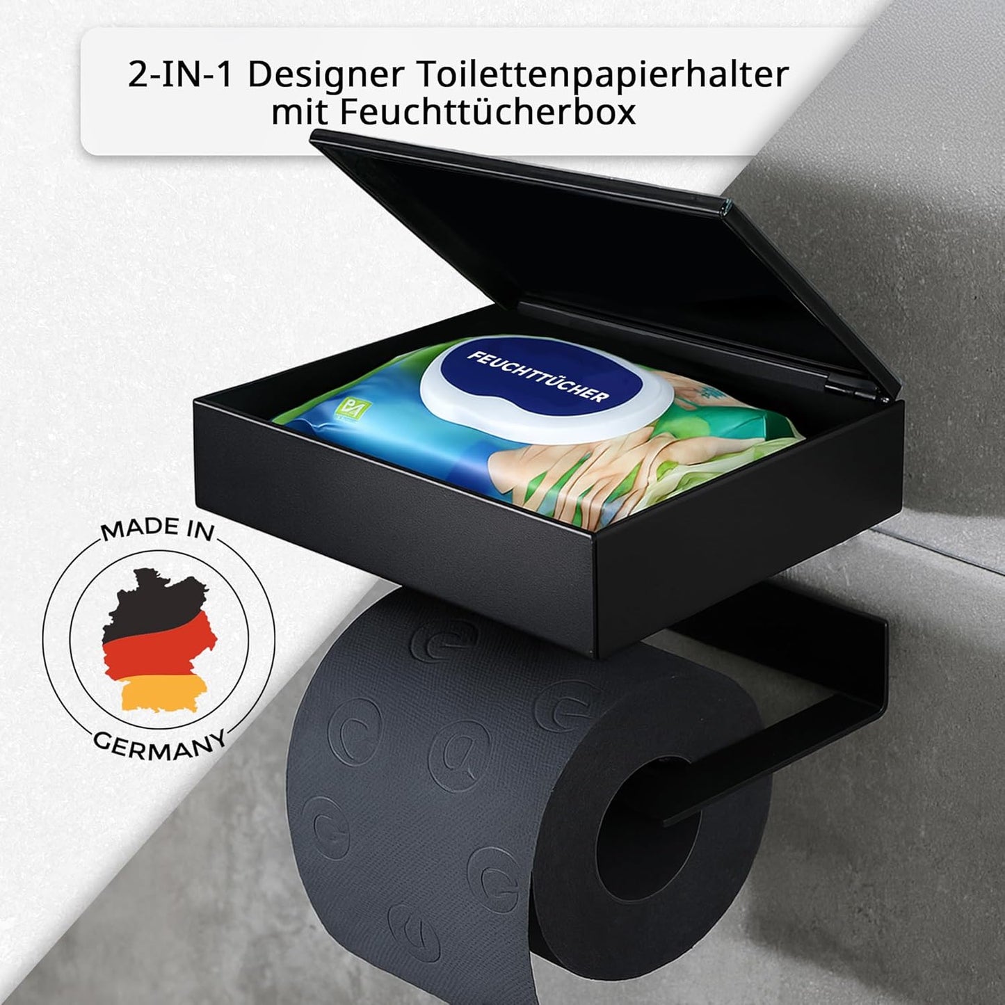 Toilettenpapier- und Feuchttuchhalter, Gehäuse Schwarz Matt Glas Schwarz Links