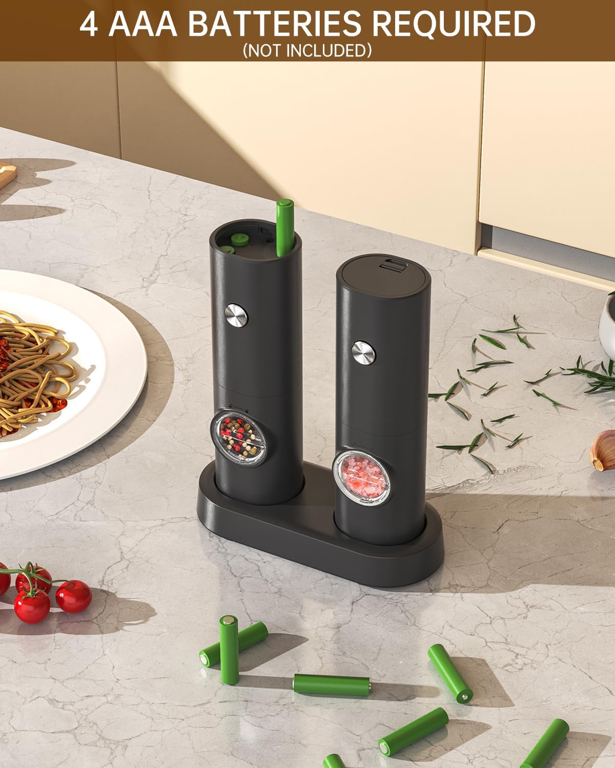 Elektrische Salz- und Pfeffermühlen im 2er-Set, Akkubetriebenes Set mit Sockel - Schwarz (70ml)