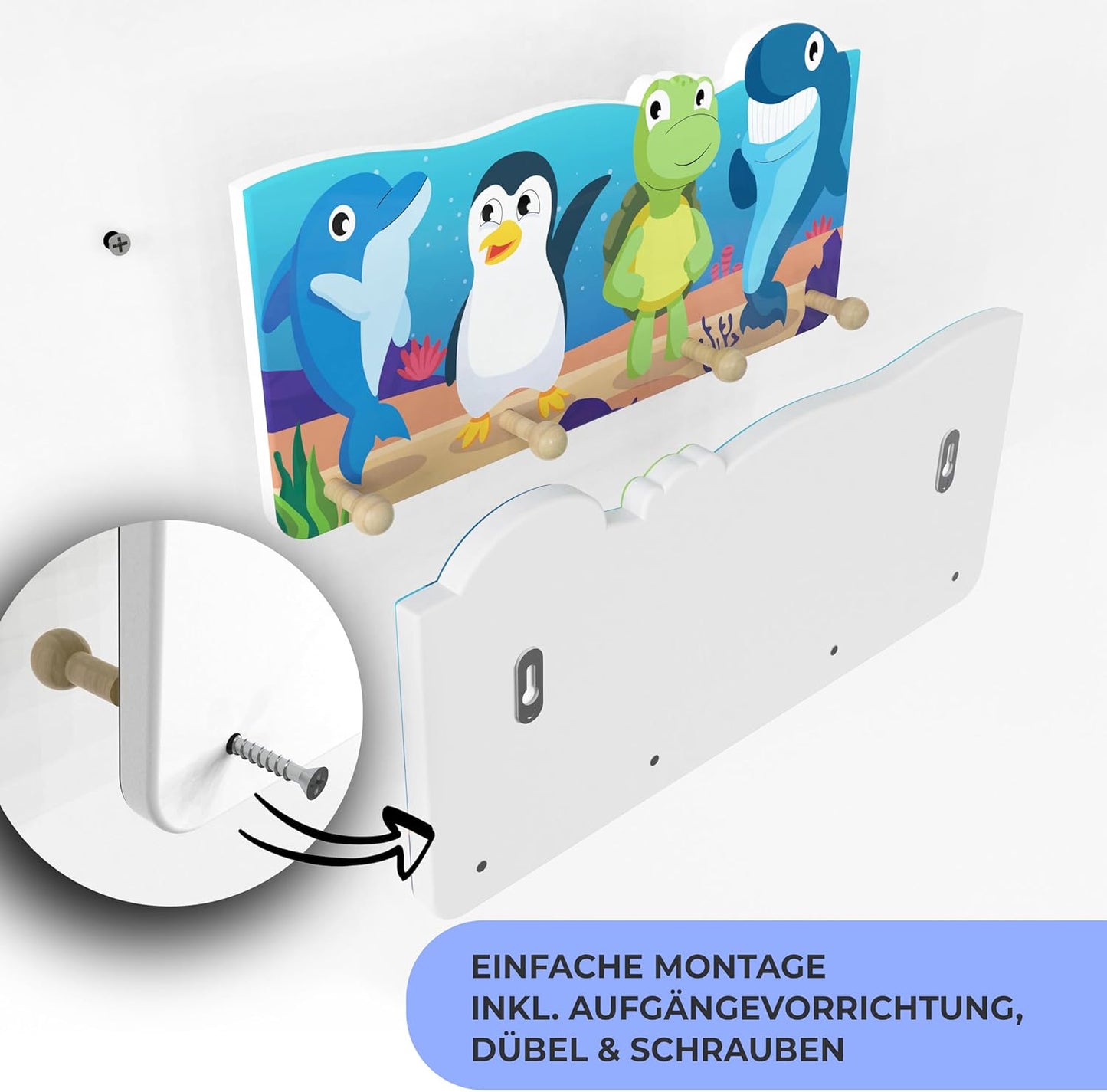 Kindergarderobe aus Holz mit 4 Haken (Unterwasser), Unterwasser