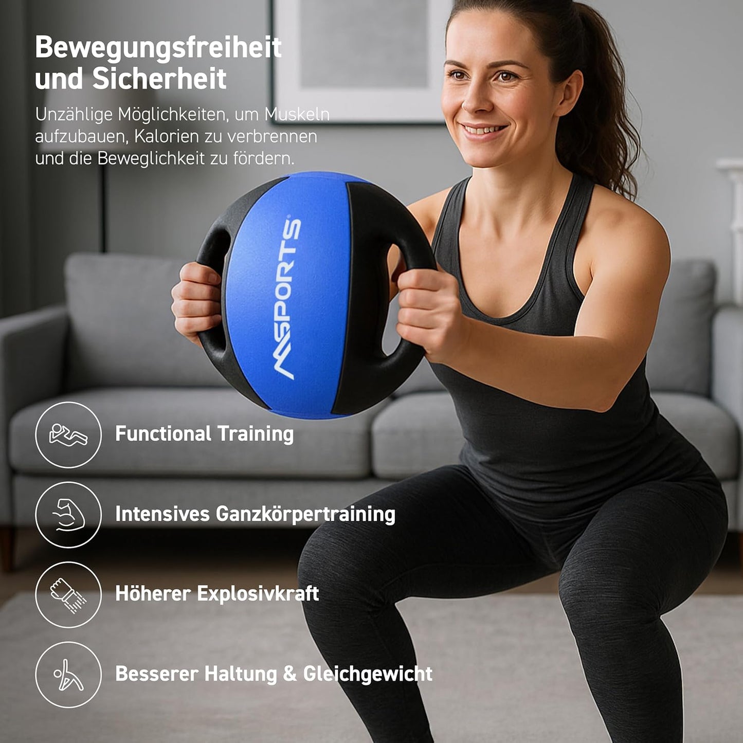 Medizinball mit Griffen, 5 kg - Blau