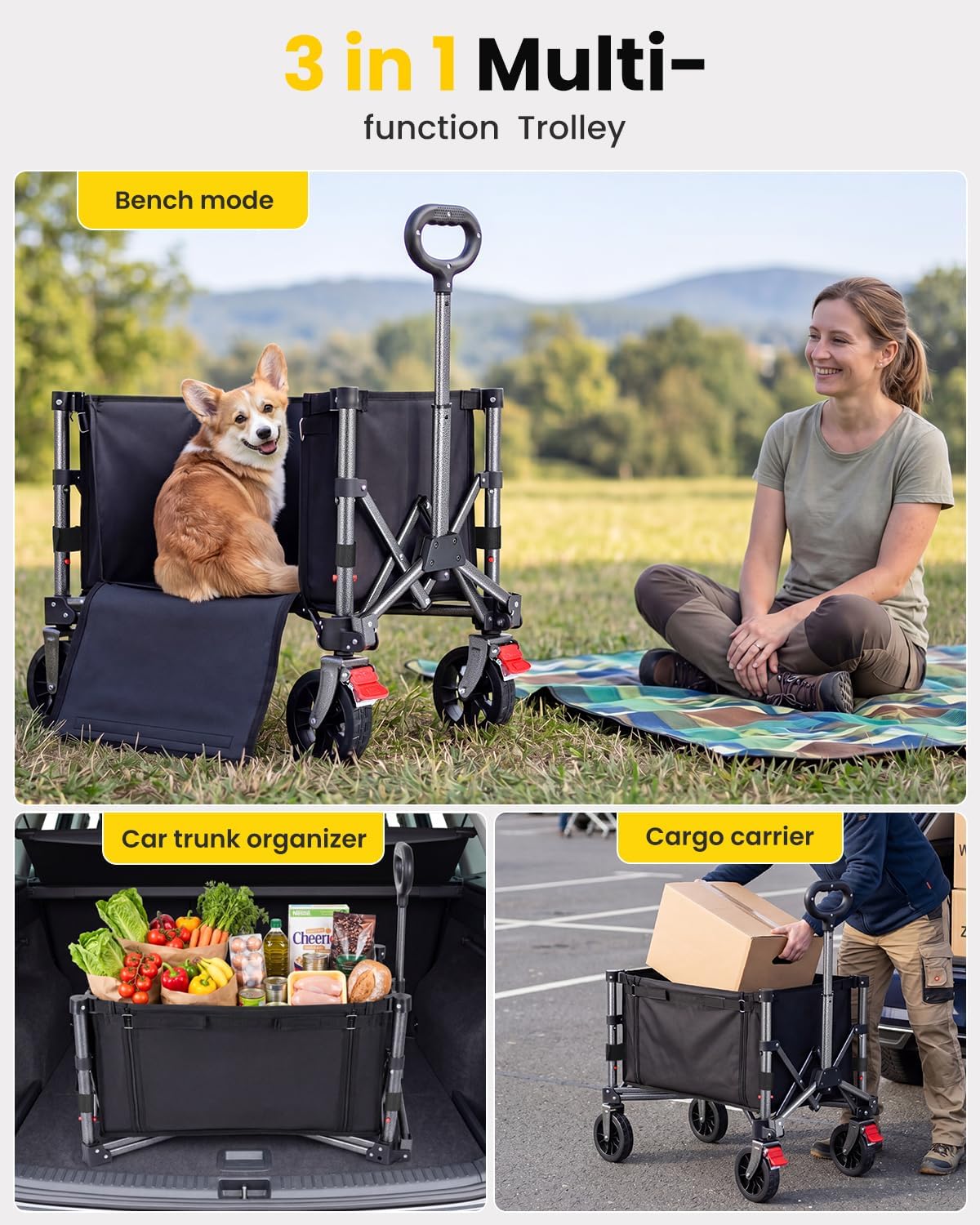 Faltbarer Bollerwagen mit verstellbarem Griff 70L, Tiefschwarz 70L
