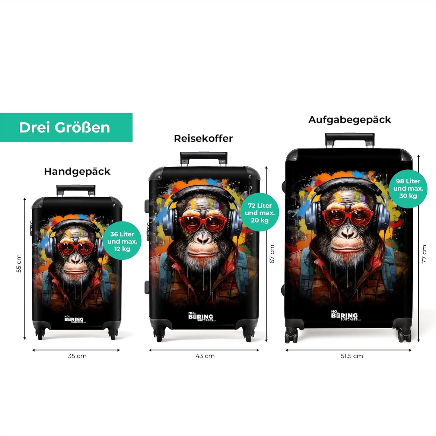 Grosser Hartschalenkoffer mit Rollen (77x51.5x28 cm), Affe mit Kopfhörer Grösse XL
