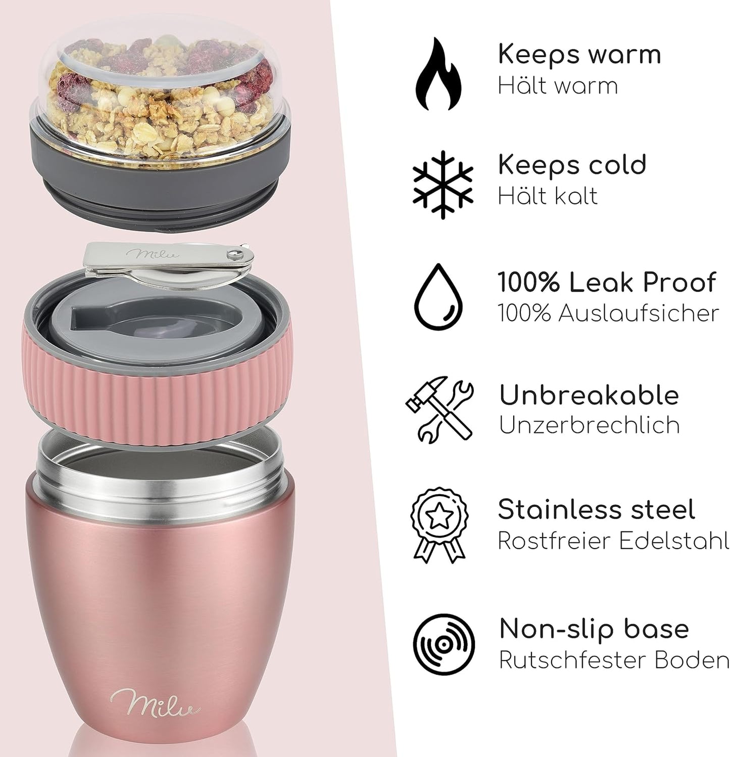 Müslibecher to go mit Löffel, Rose Gold Edelstahl