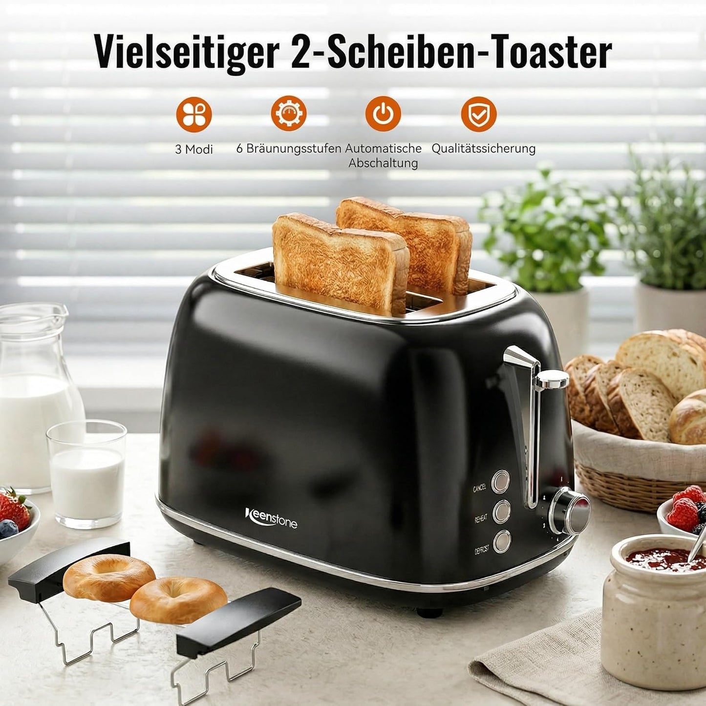 Retro Edelstahl Toaster mit breitem Schlitz (2 Scheiben)