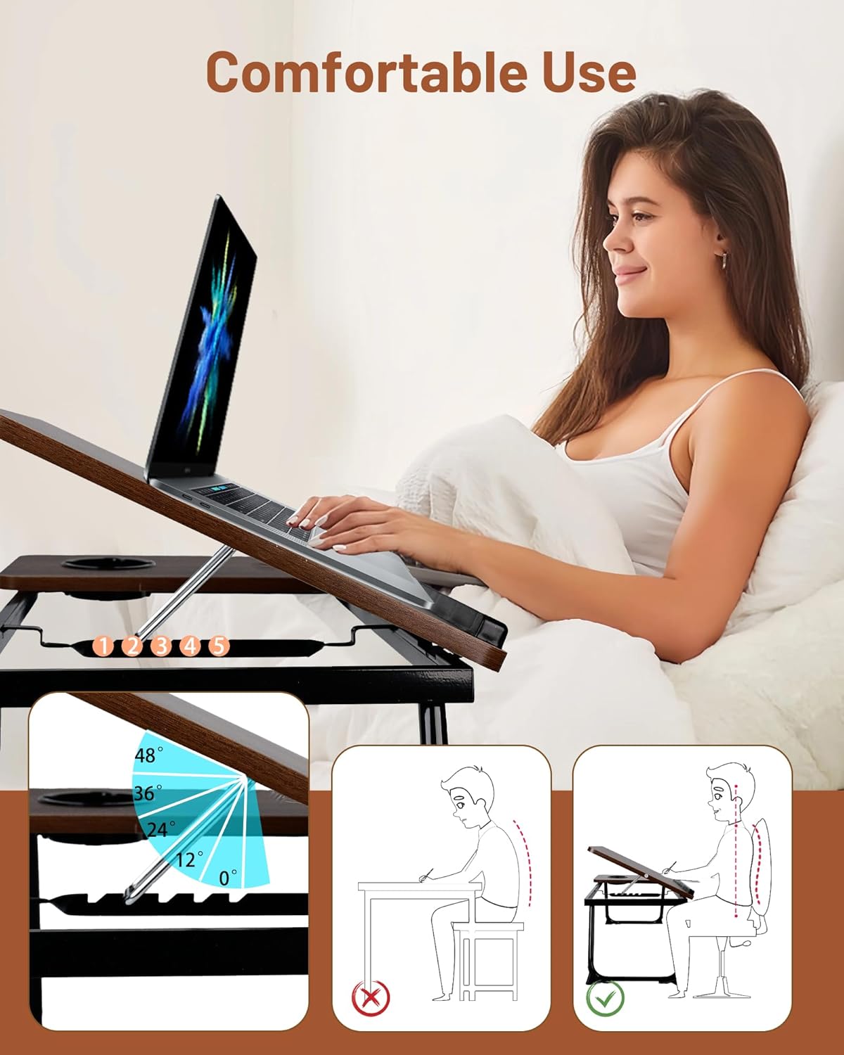 Verstellbarer Bett- & Laptoptisch mit Leseablage und Getränkehalter, Dunkelbraun