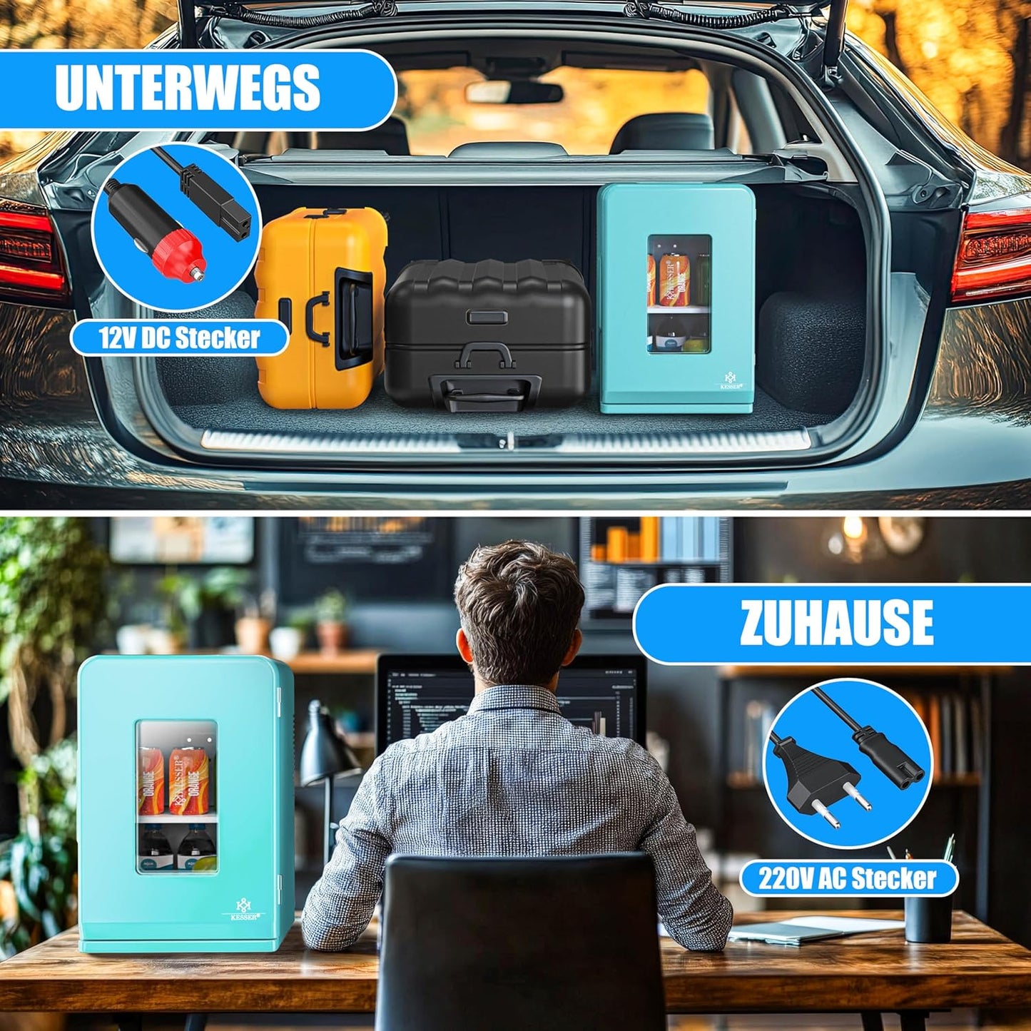 2in1 Mini Kühlschrank mit Kühl- und Heizfunktion, 15L Hellblau