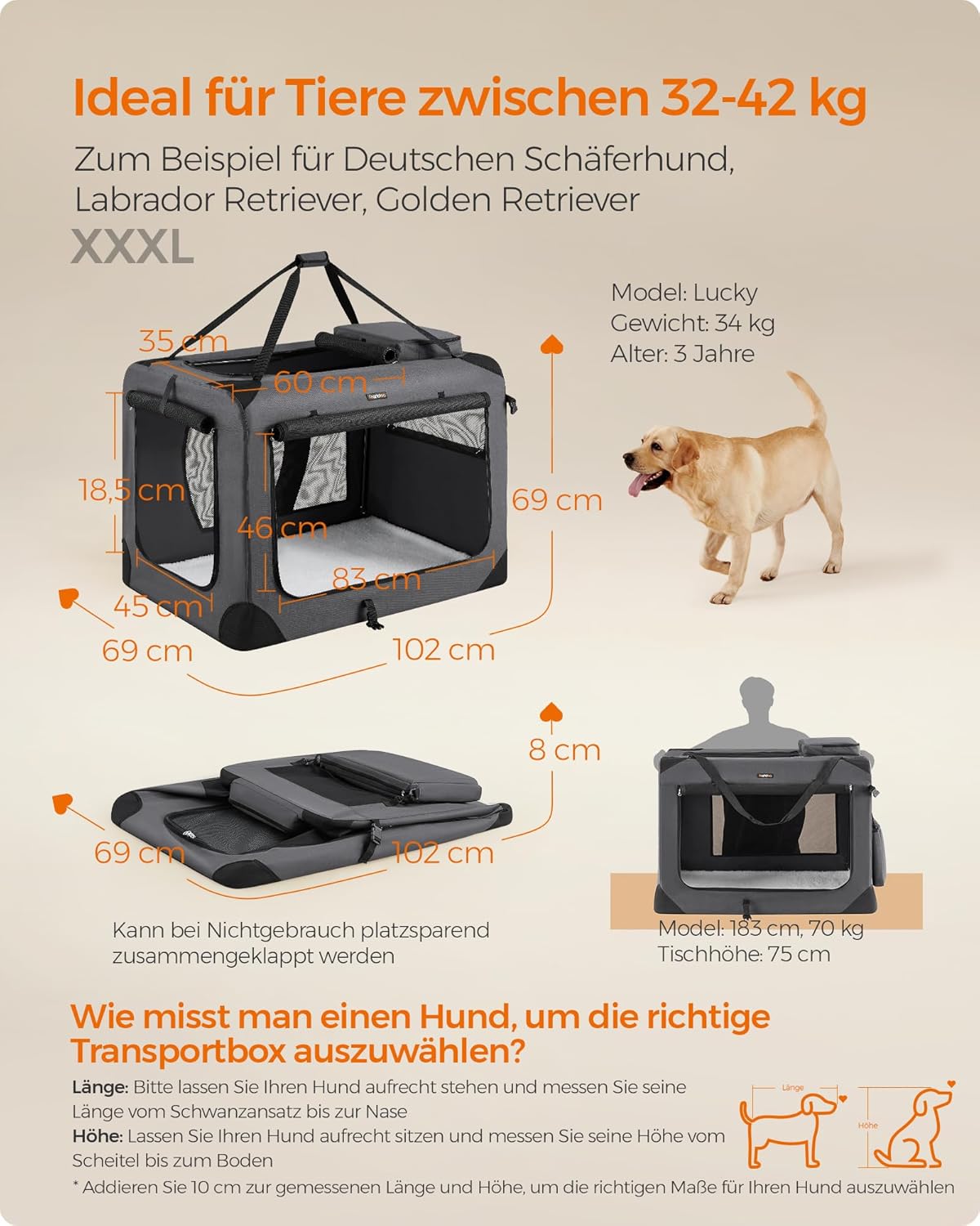 Faltbare Hundetransportbox, L 102 x B 69 x H 69 cm Grau