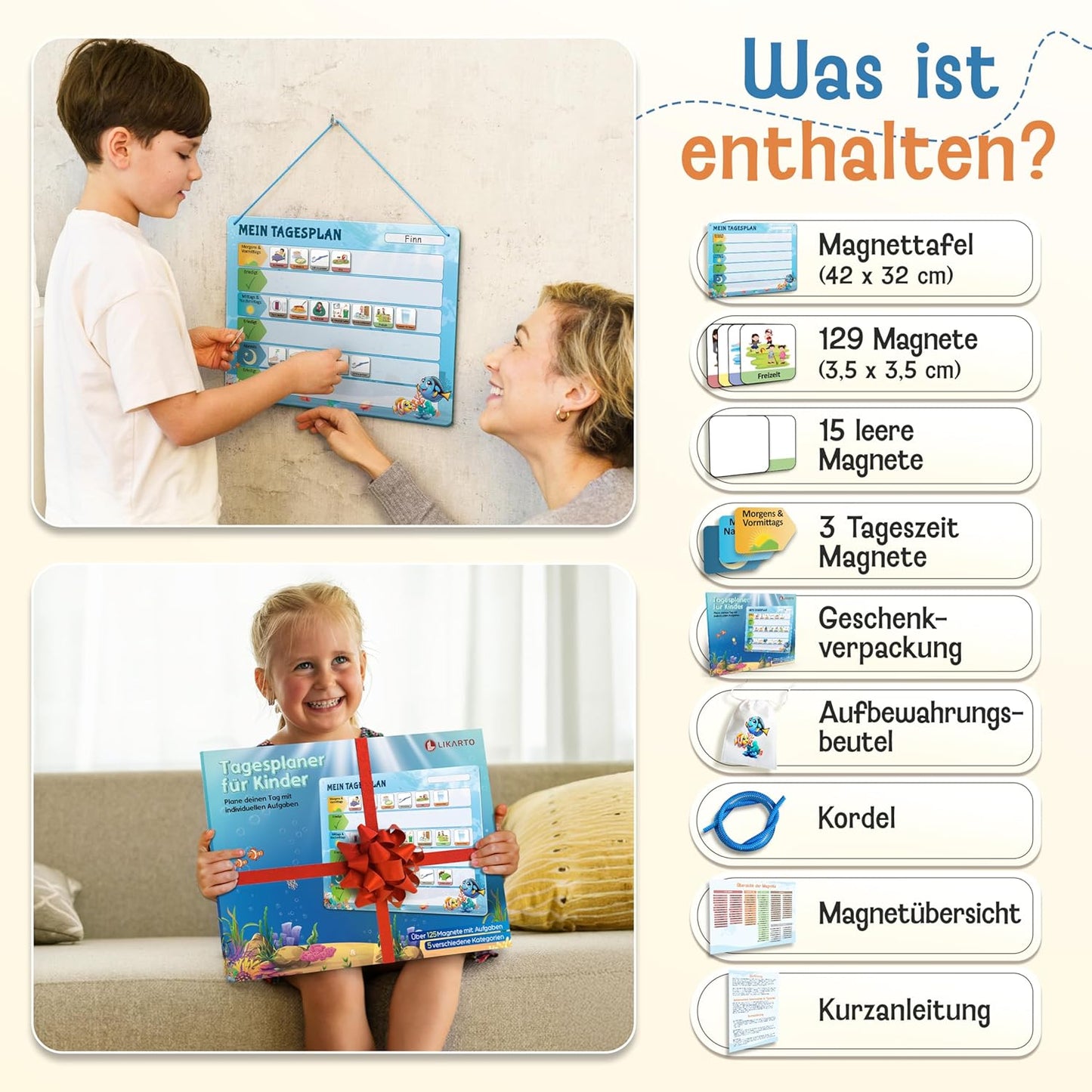 Montessori Tagesplaner und Magnettafel Kinder, Blau Tagesplan